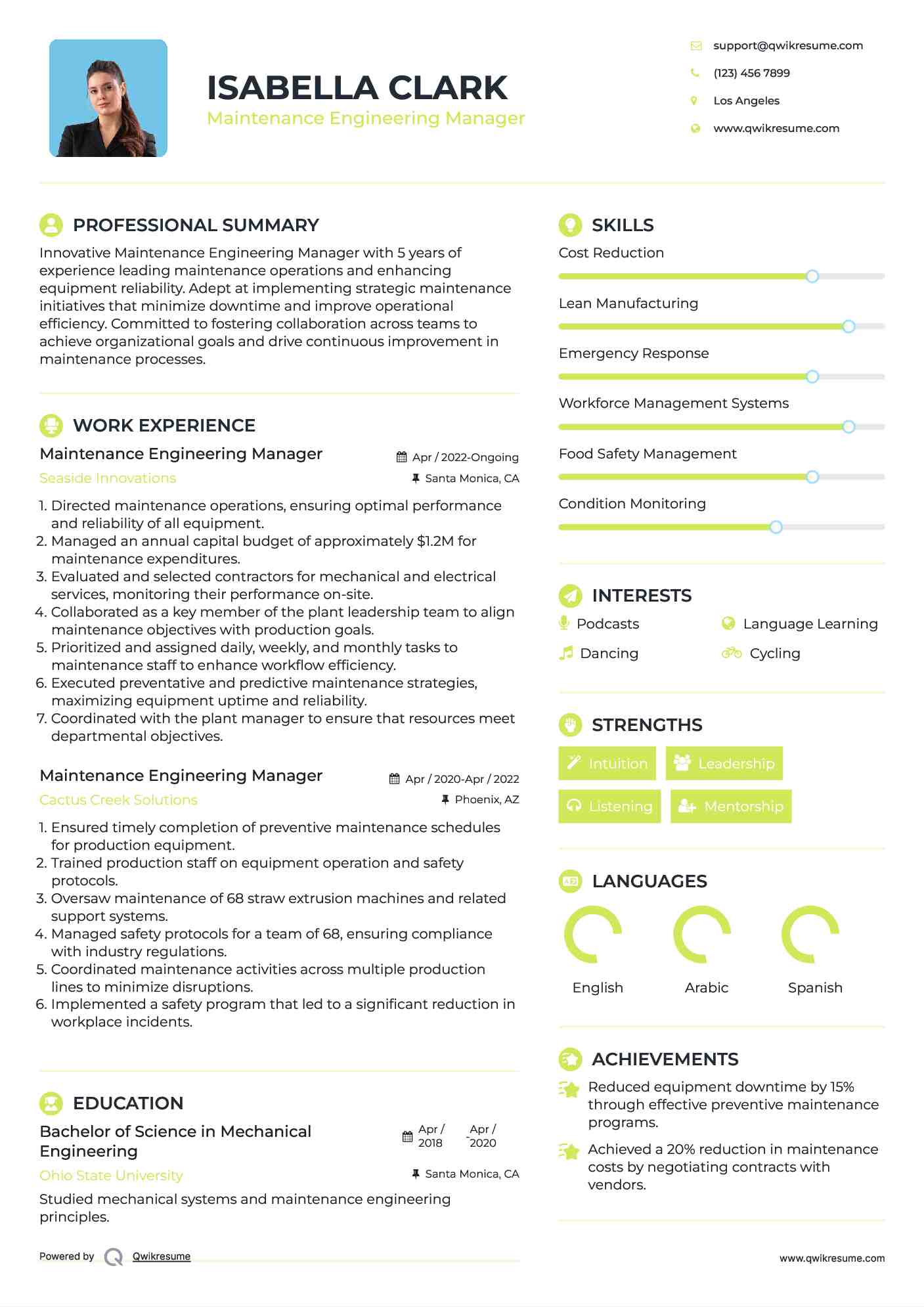 Maintenance Engineering Manager Resume Samples QwikResume