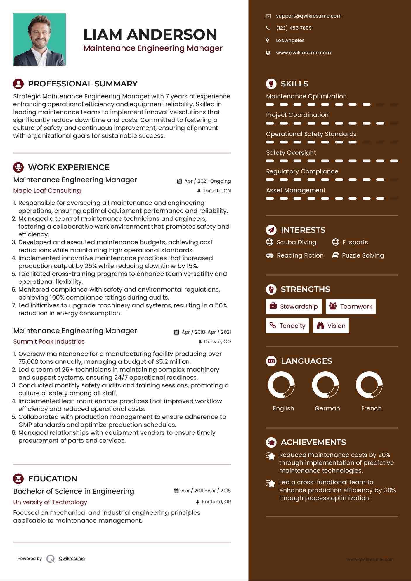 Maintenance Engineering Manager Resume Samples QwikResume