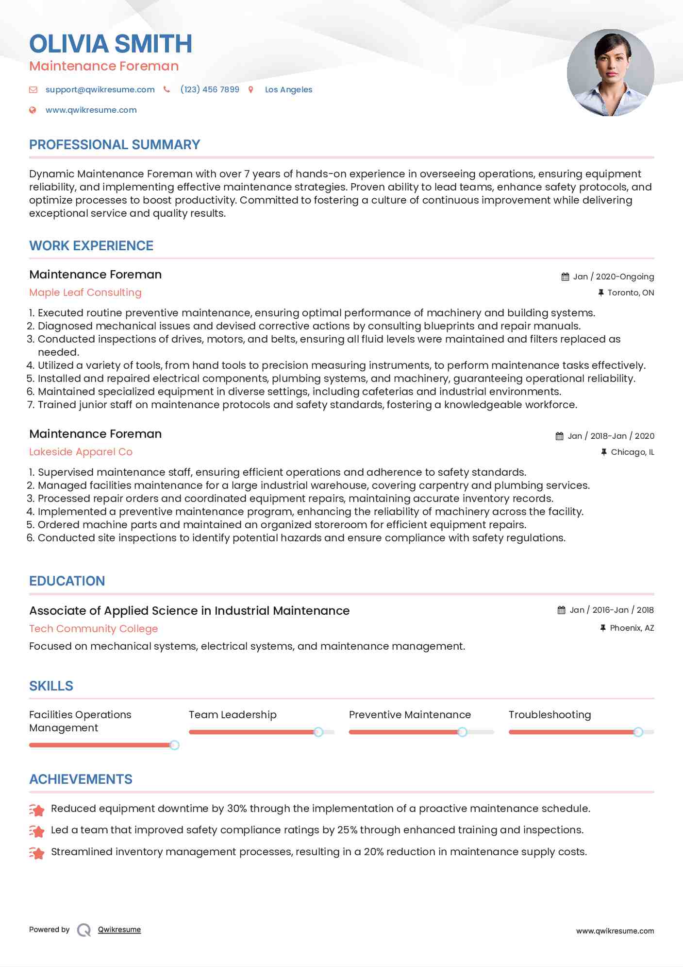 Maintenance Foreman Resume Model