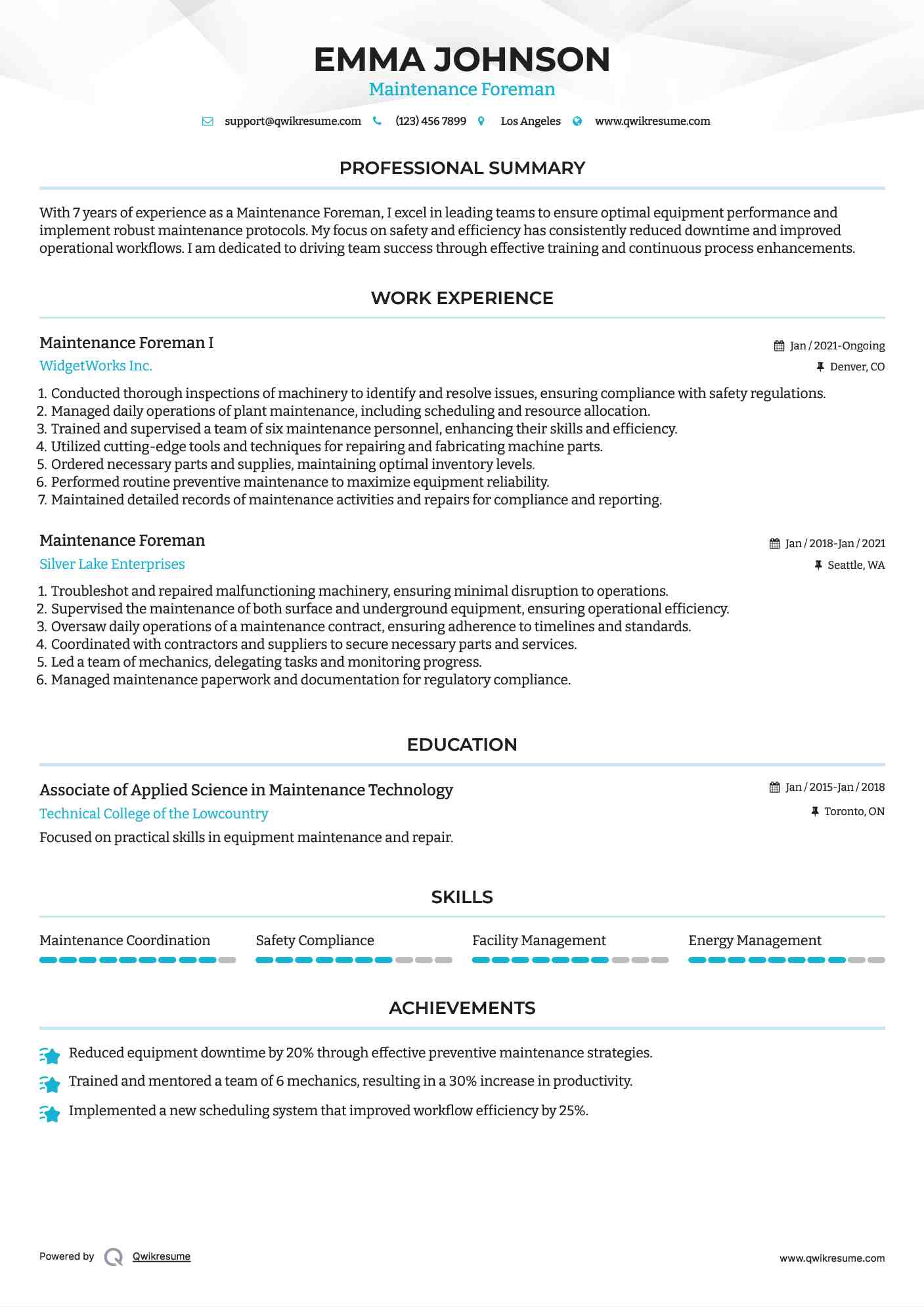 Maintenance Foreman I Resume Example