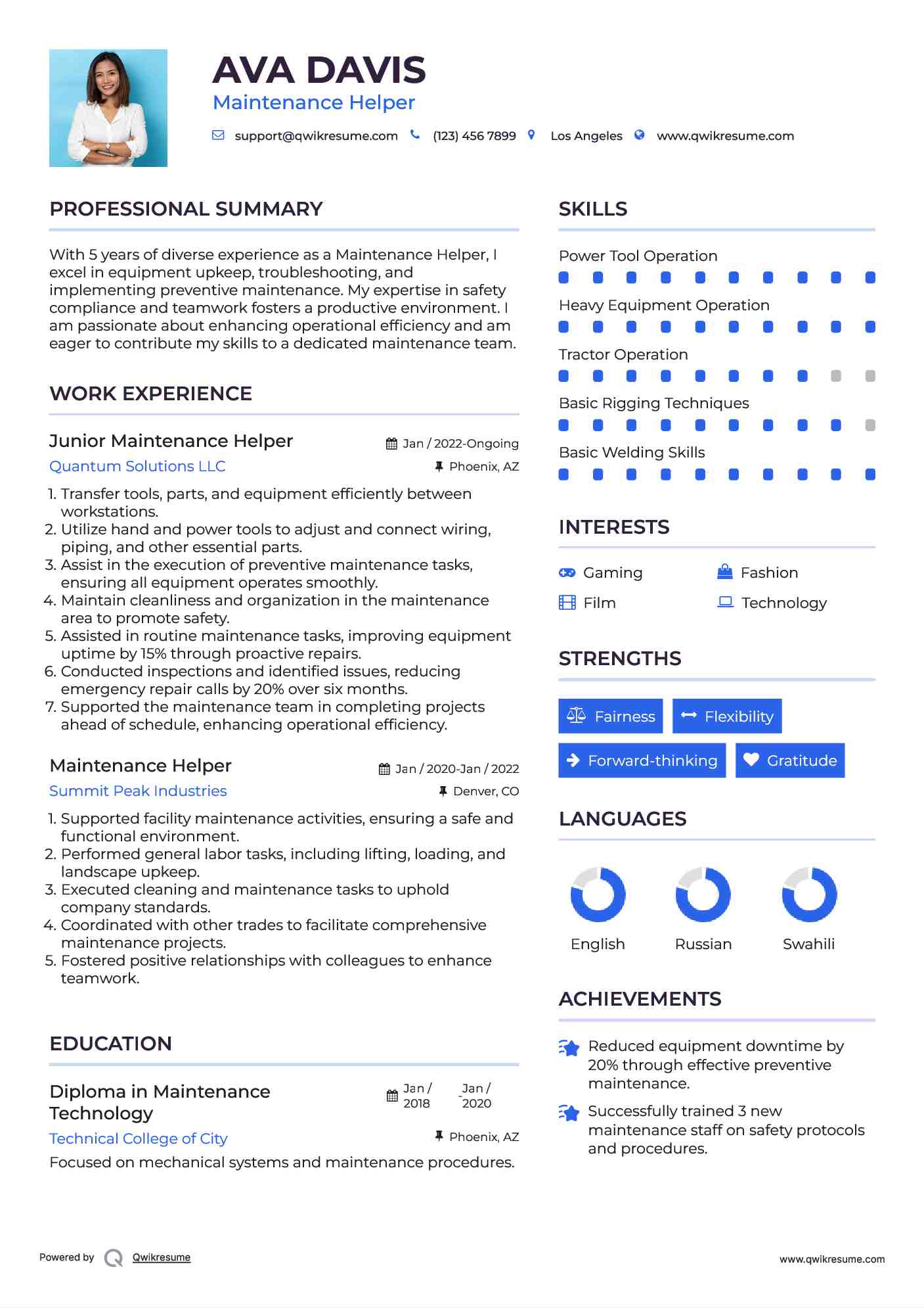 Junior Maintenance Helper Resume Template