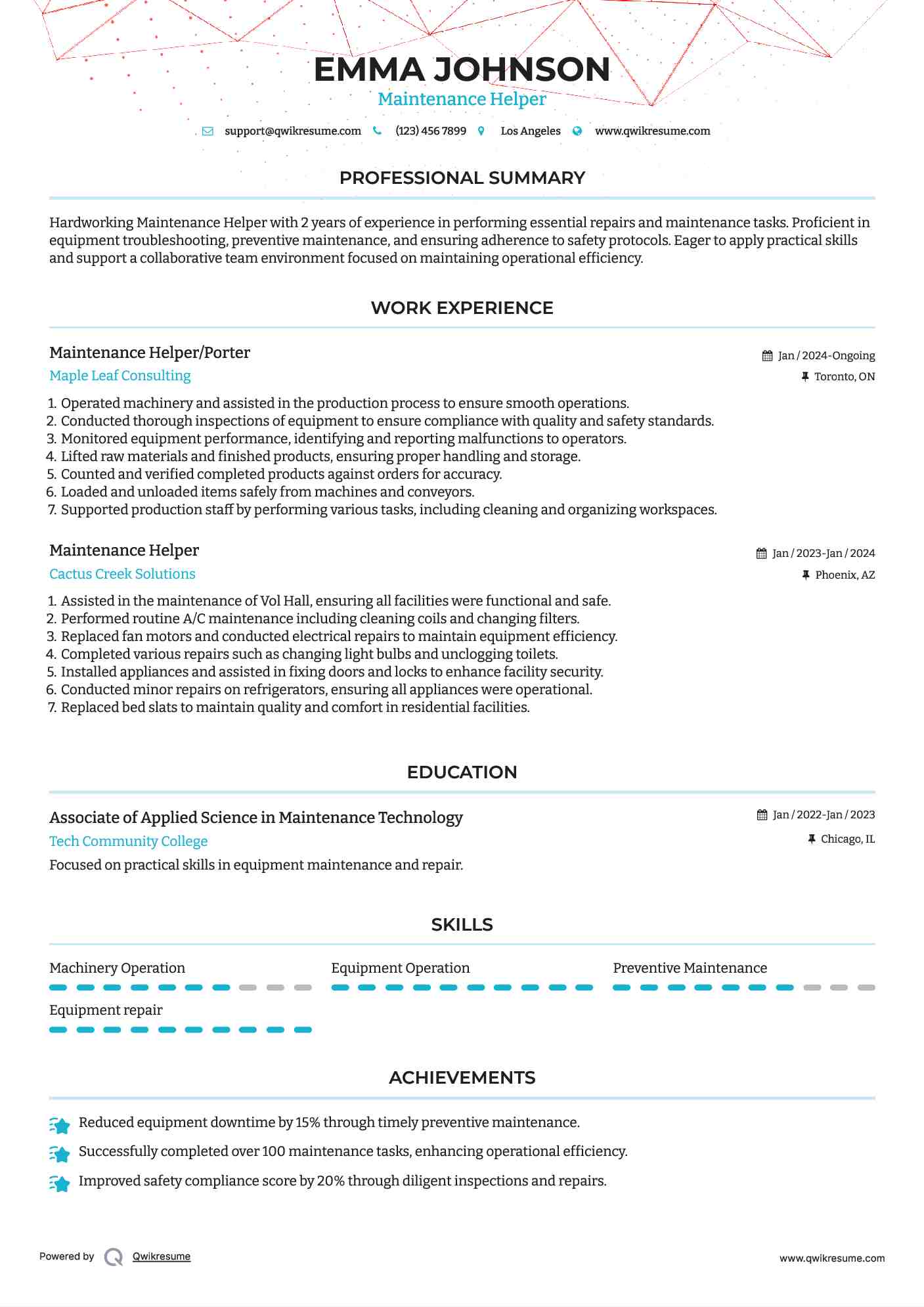 Maintenance Helper/Porter Resume Format
