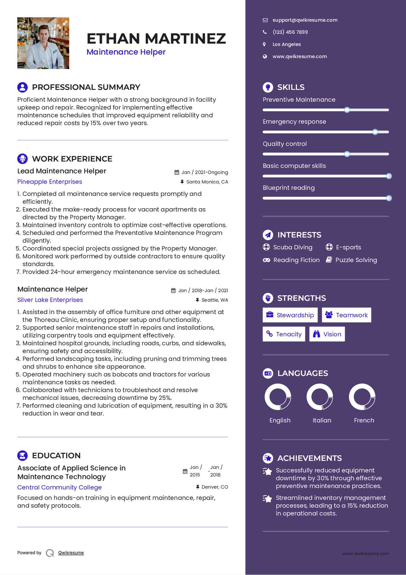 Lead Maintenance Helper  Resume Template