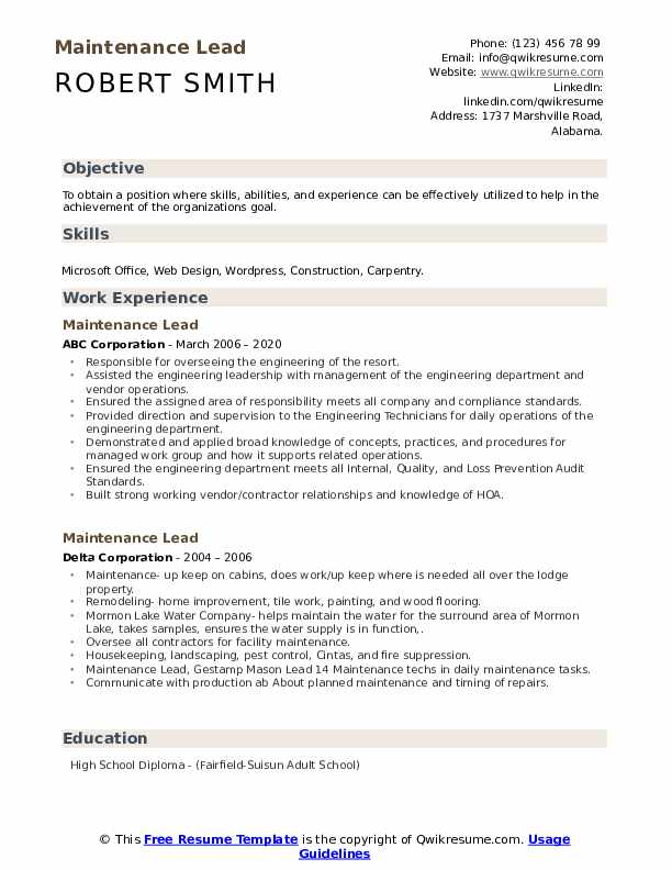 Maintenance Lead Resume Samples QwikResume