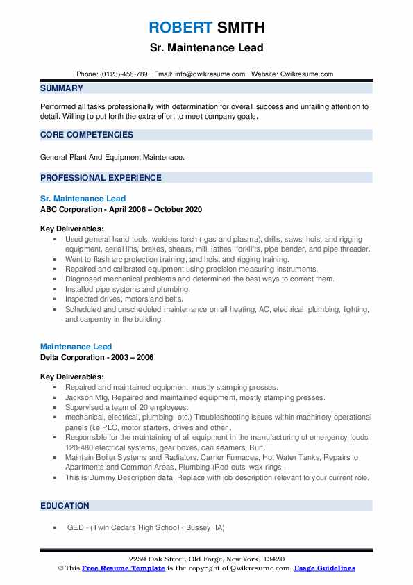 Maintenance Lead Resume Samples QwikResume