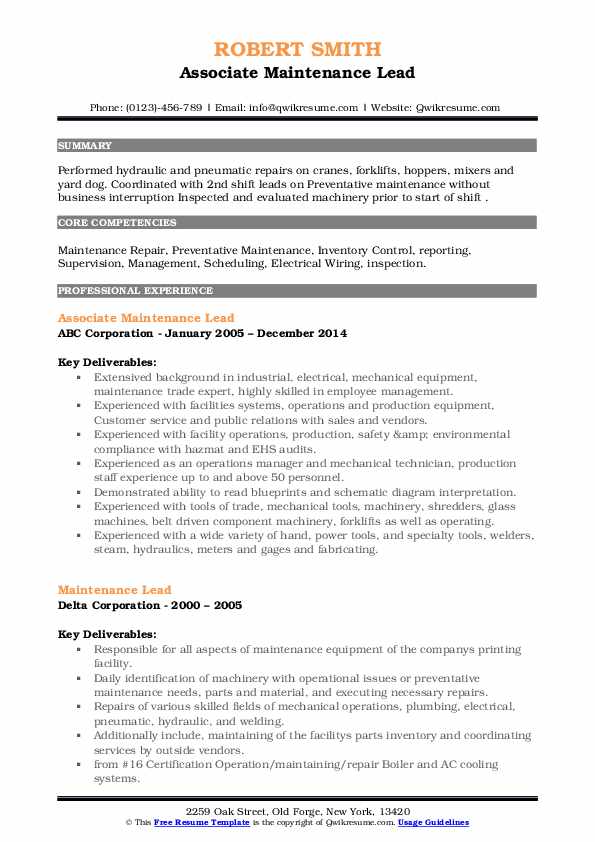 Maintenance Lead Resume Samples QwikResume
