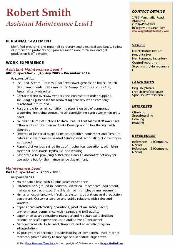 Maintenance Lead Resume Samples QwikResume