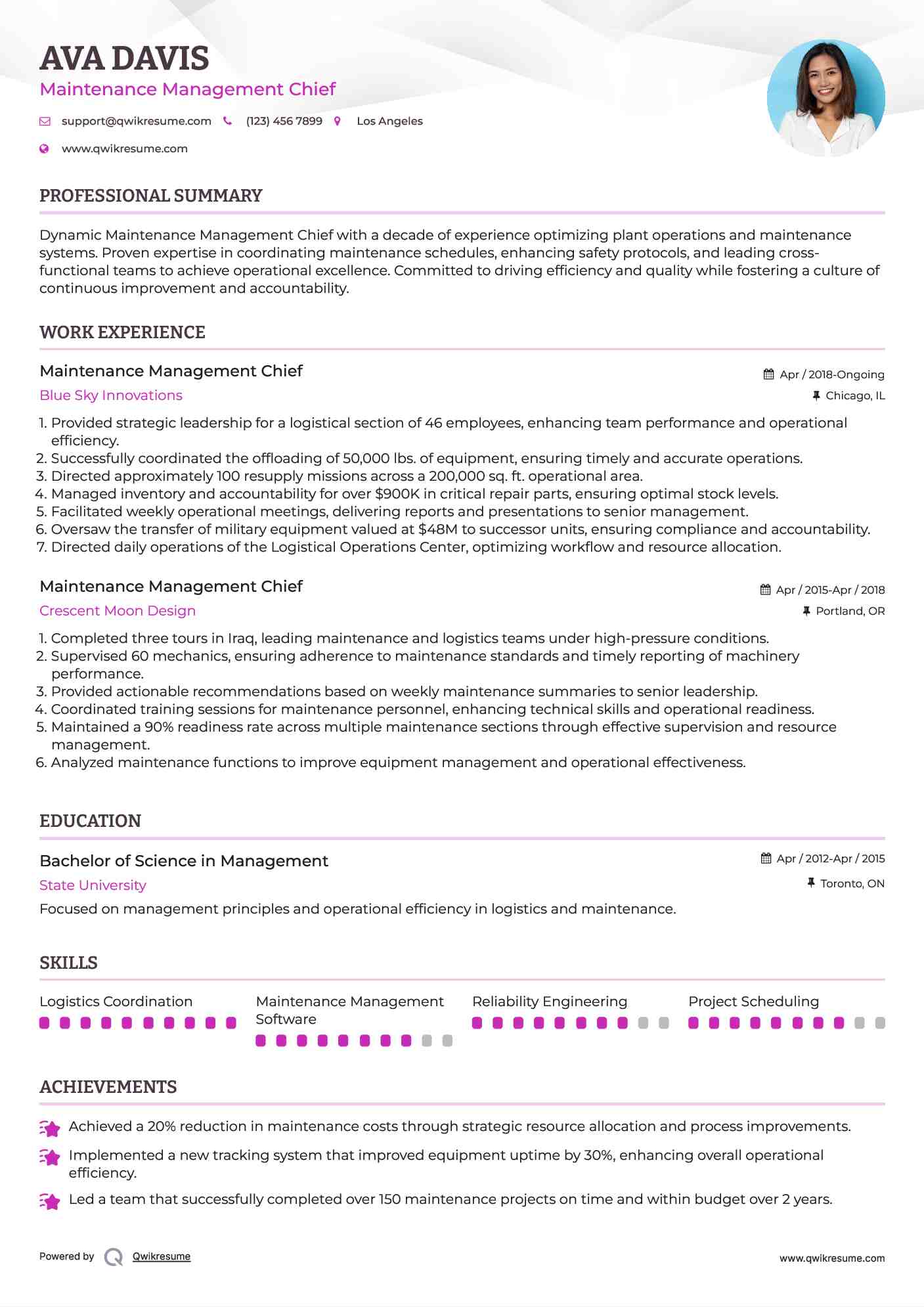 Maintenance Management Chief Resume Template