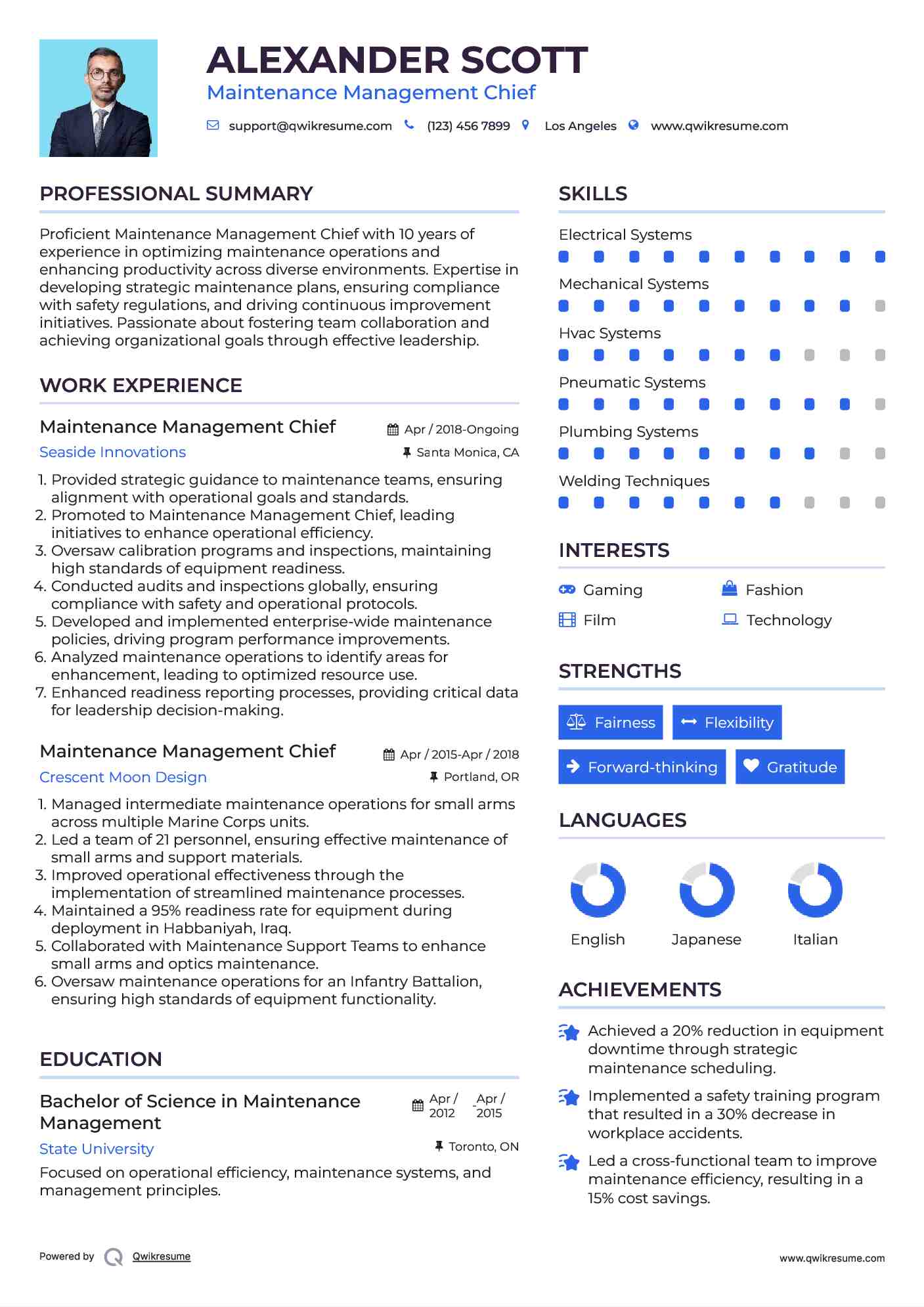 Maintenance Management Chief Resume Template