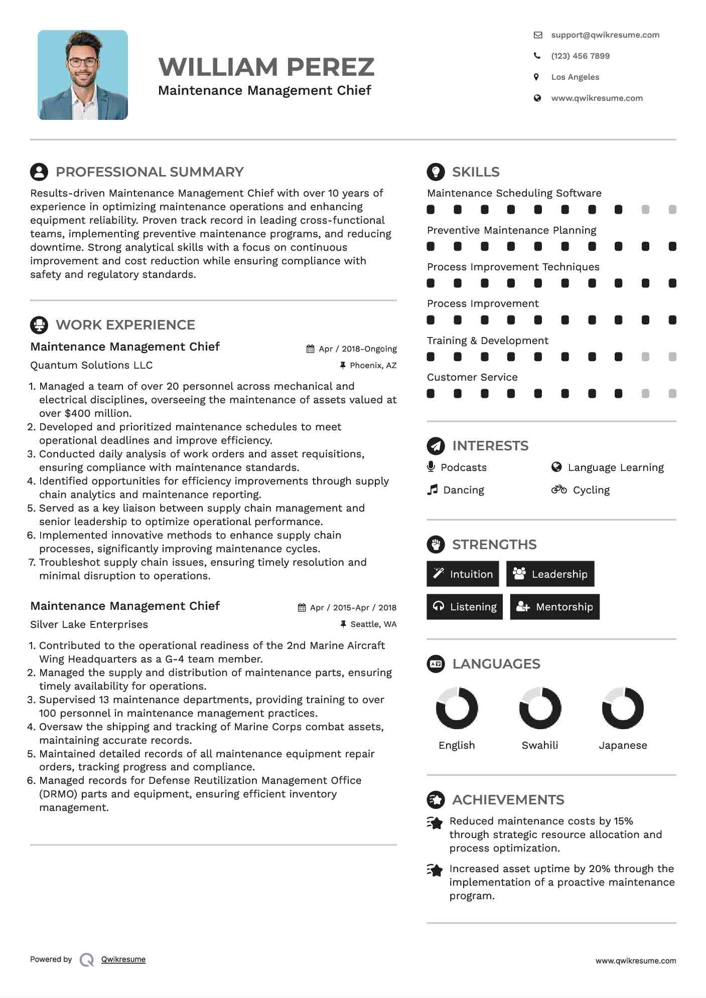 Maintenance Management Chief Resume Format