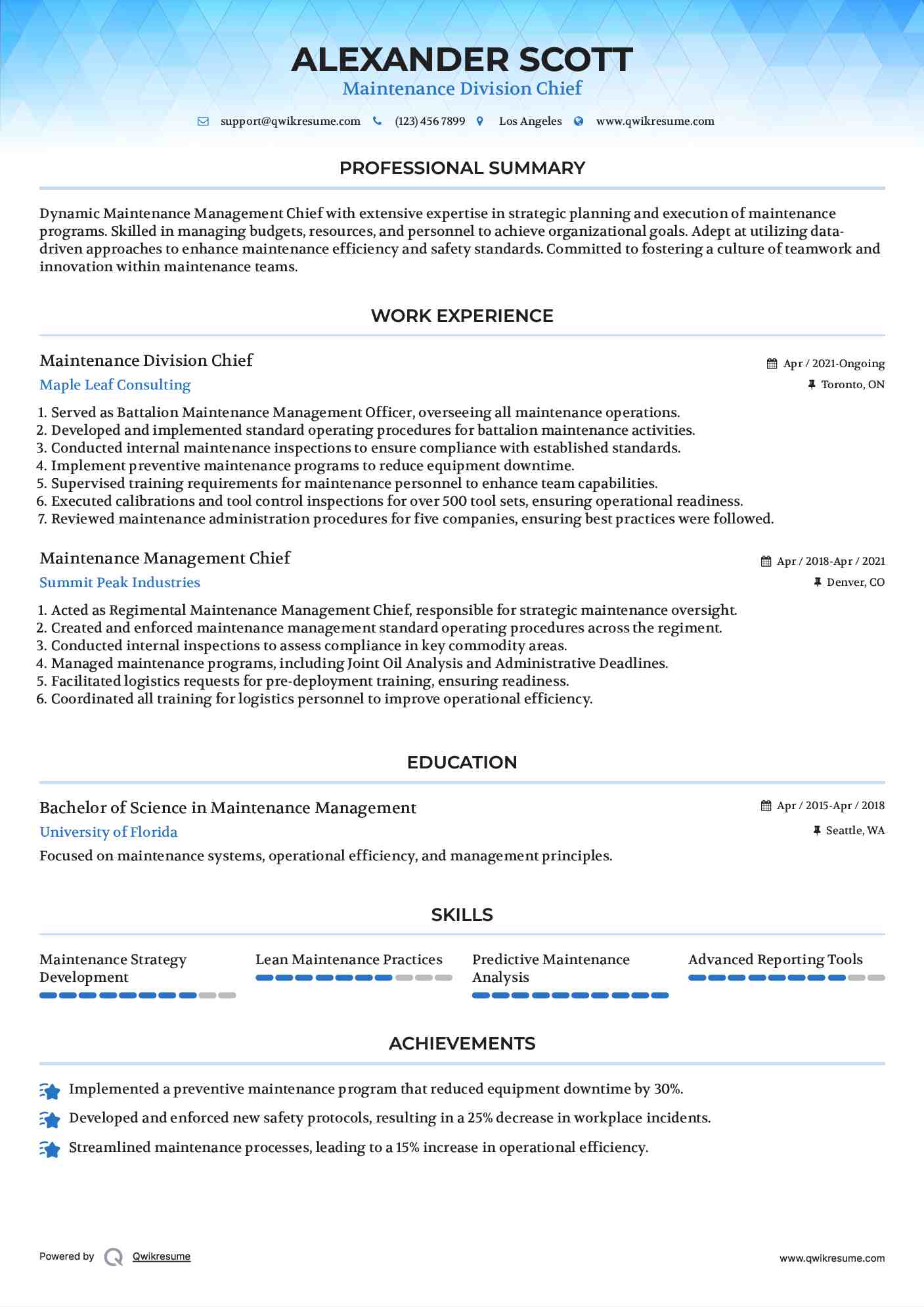 Maintenance Division Chief Resume Template