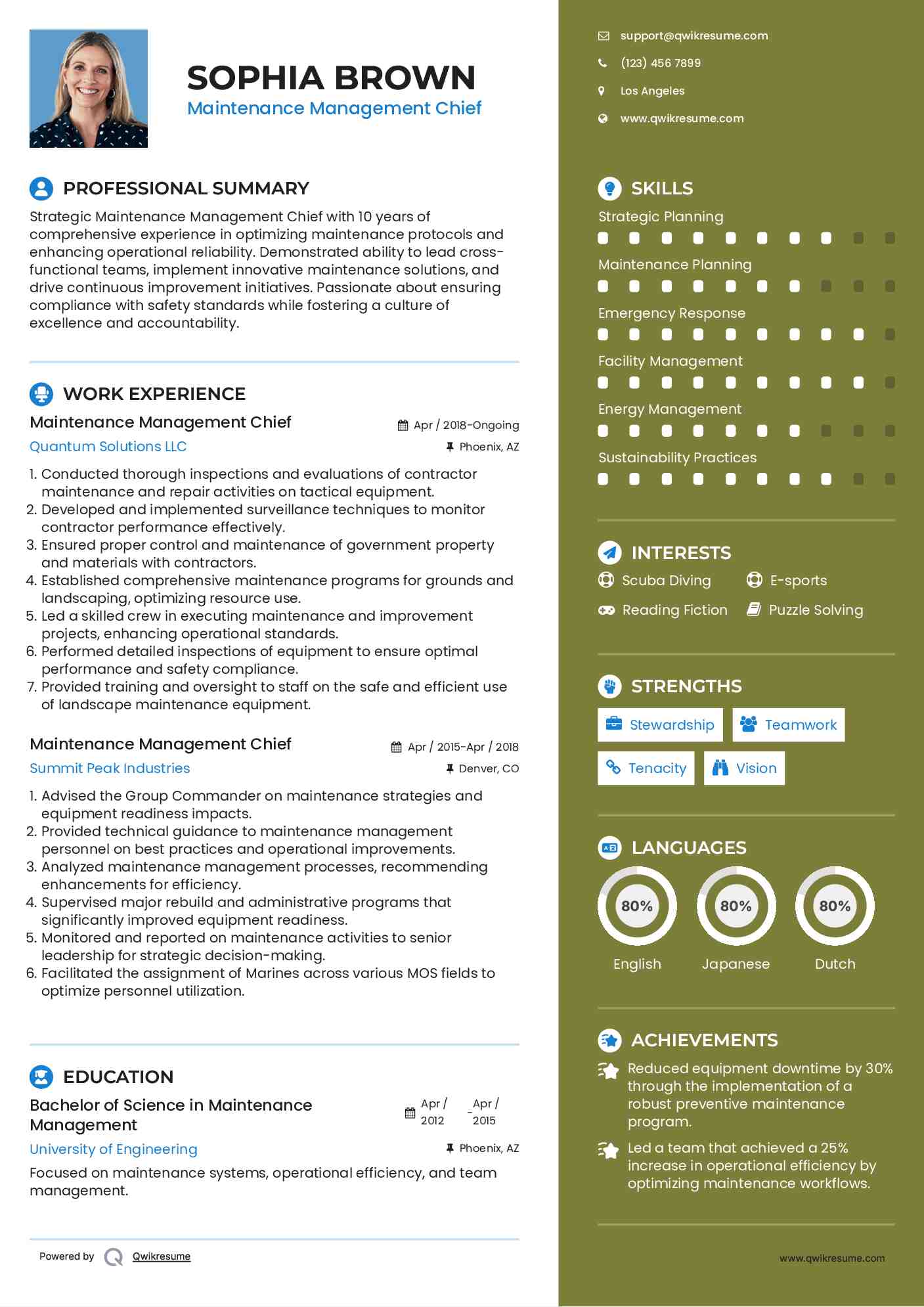 Maintenance Management Chief Resume Format
