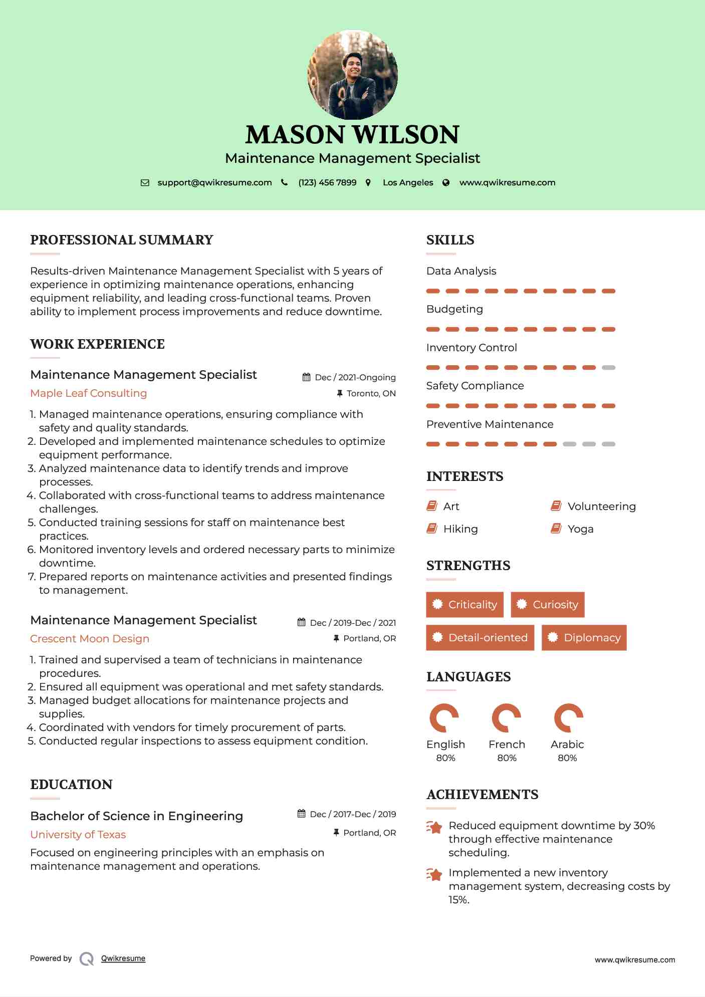 Maintenance Management Specialist Resume Template