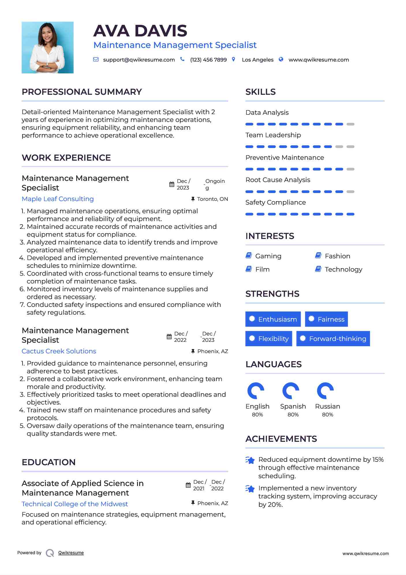 Maintenance Management Specialist Resume Sample