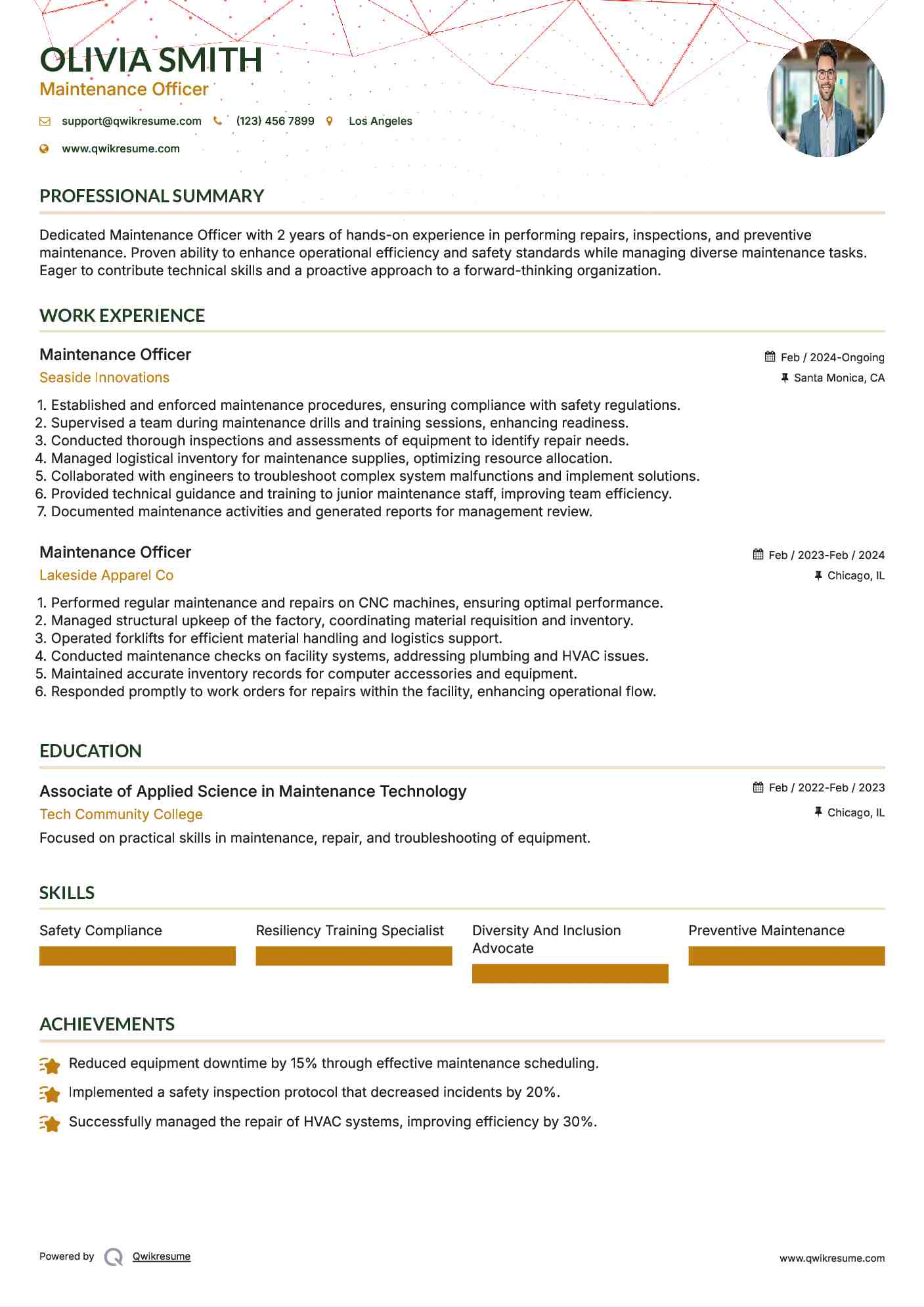 Maintenance Officer Resume Example