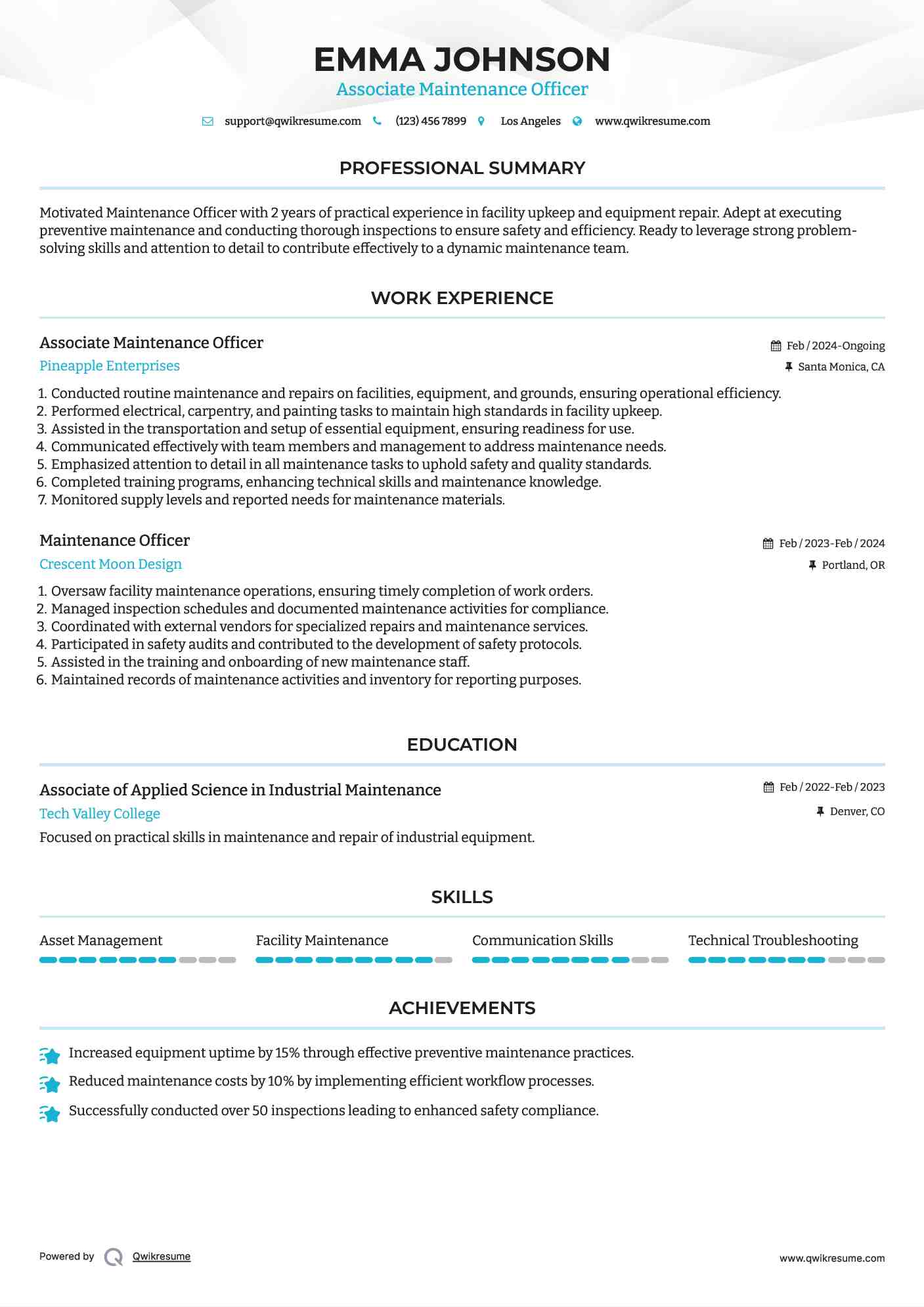 Associate Maintenance Officer Resume Model