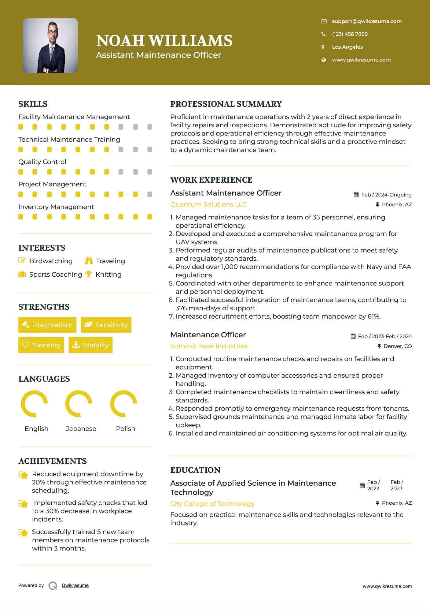 Assistant Maintenance Officer Resume Sample