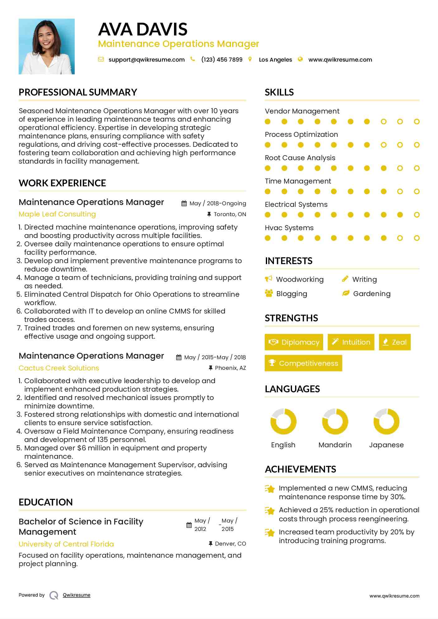 Maintenance Operations Manager Resume Model