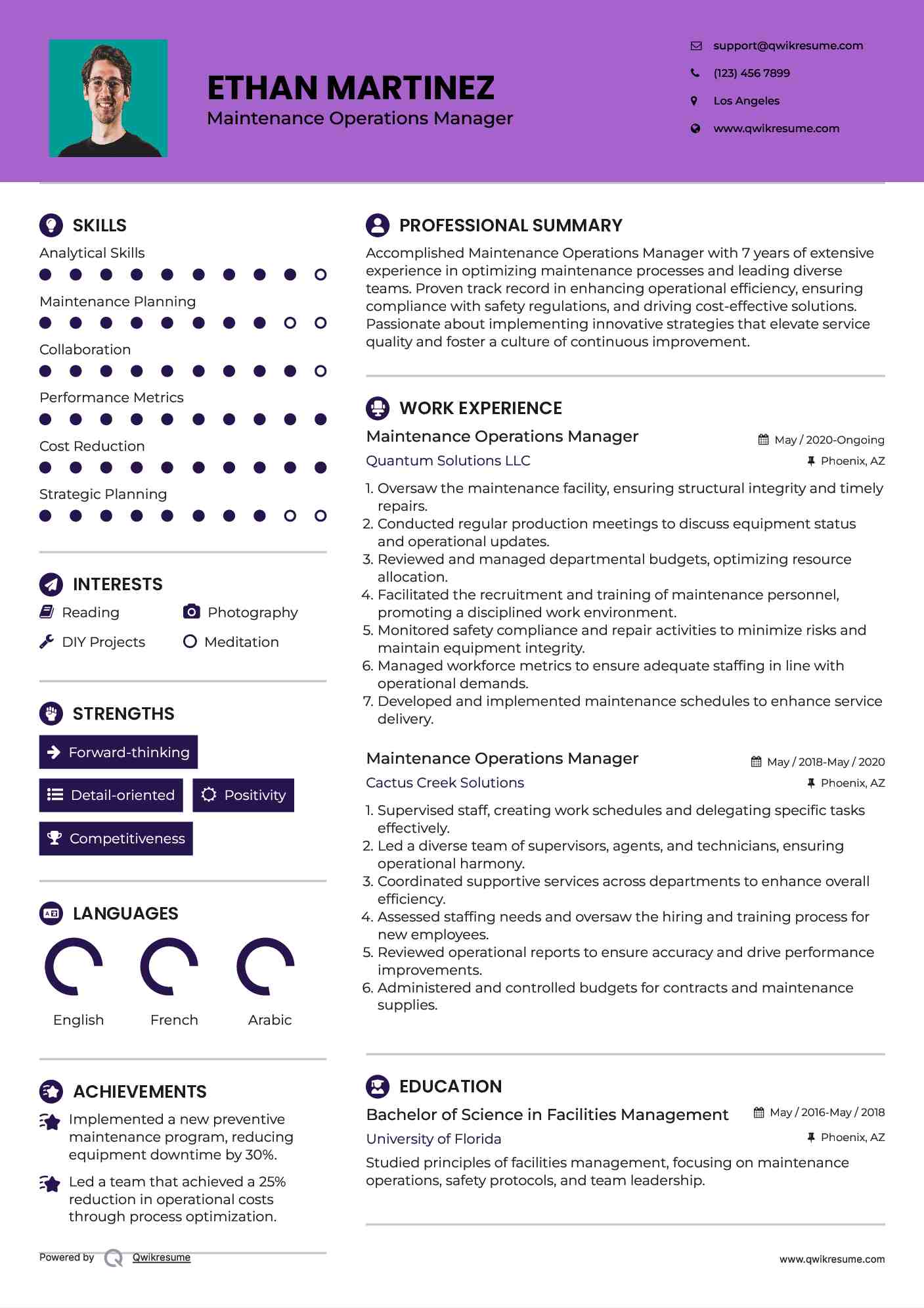 Maintenance Operations Manager Resume Format