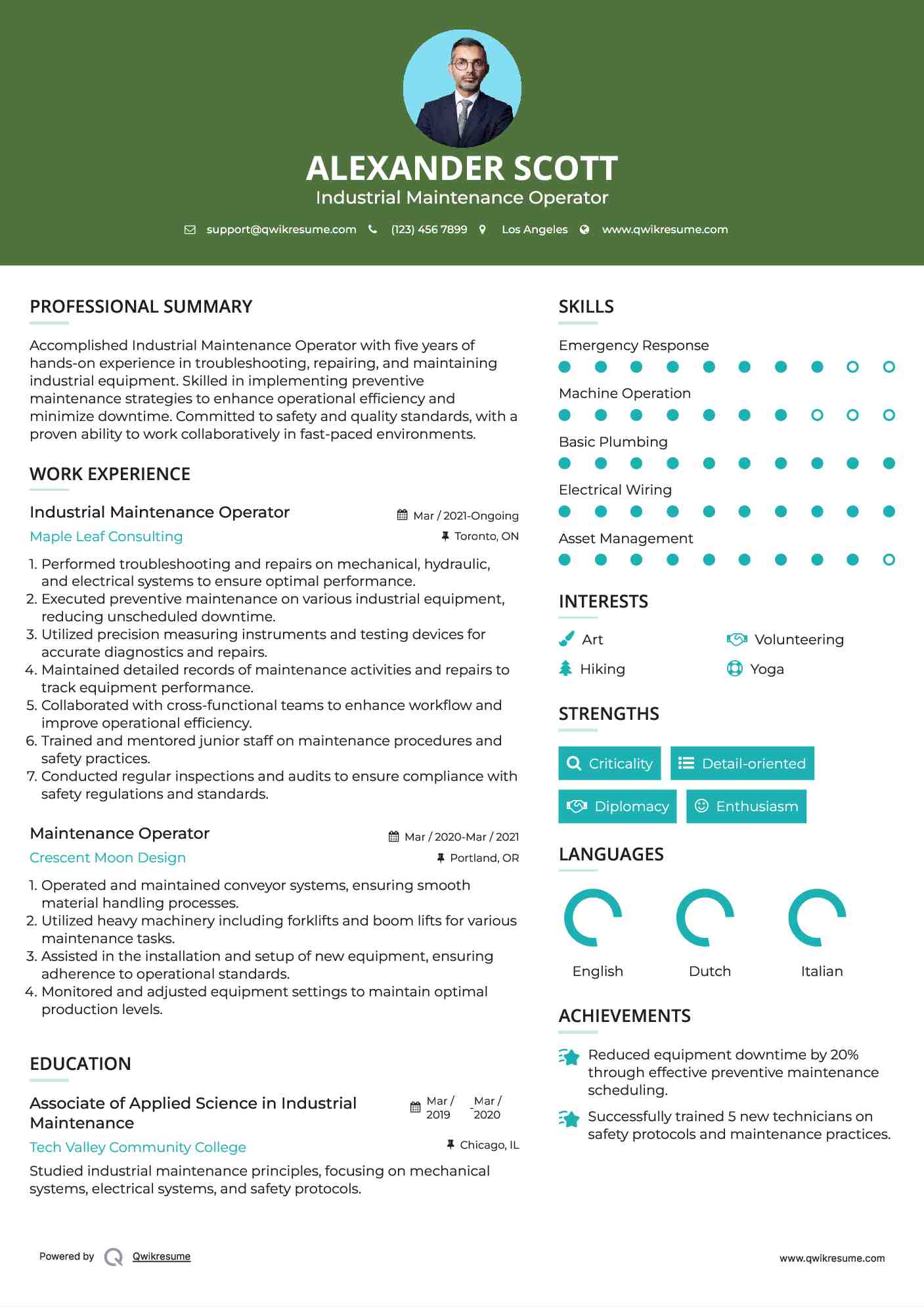 Industrial Maintenance Operator Resume Model