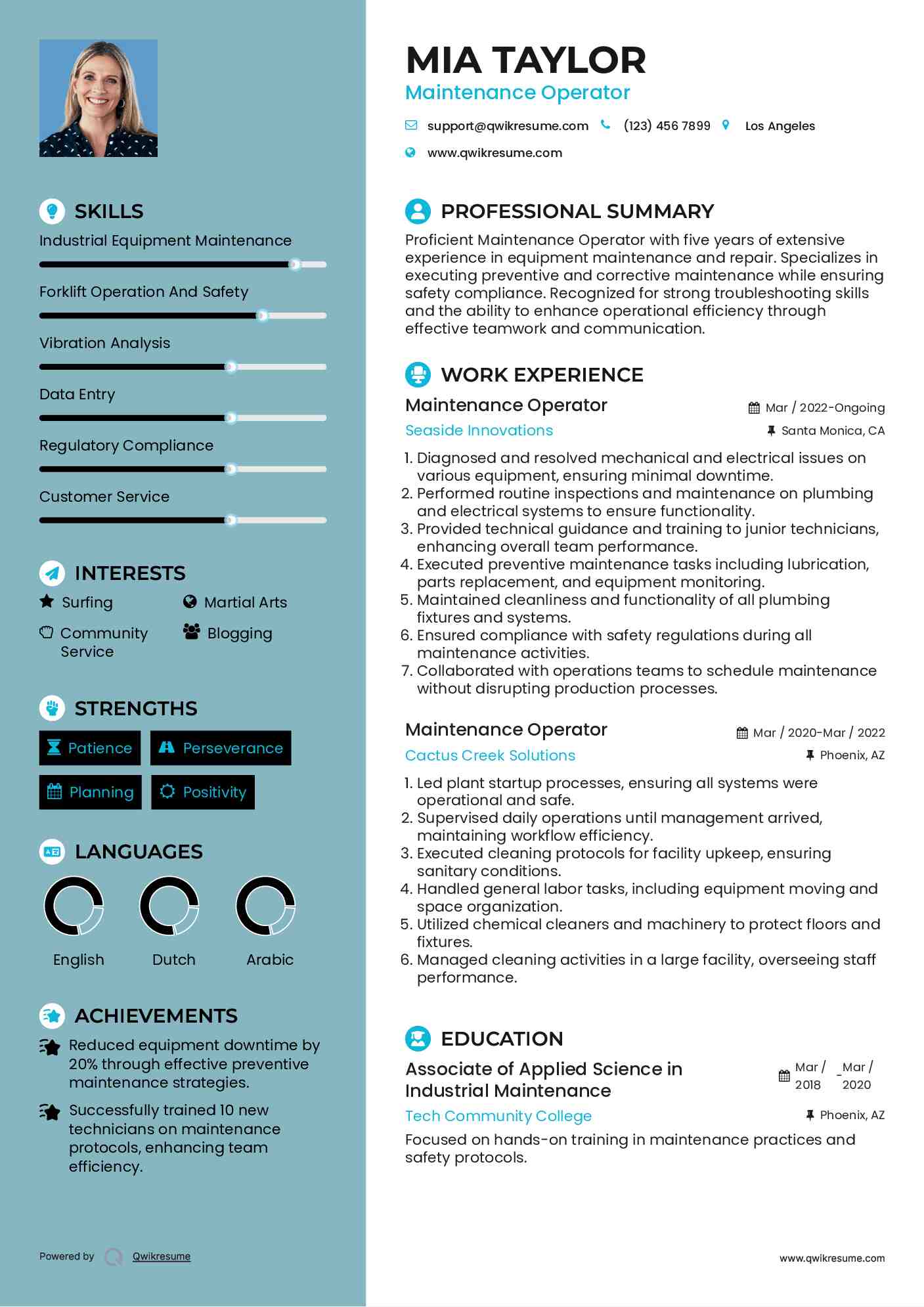 Maintenance Operator Resume Example