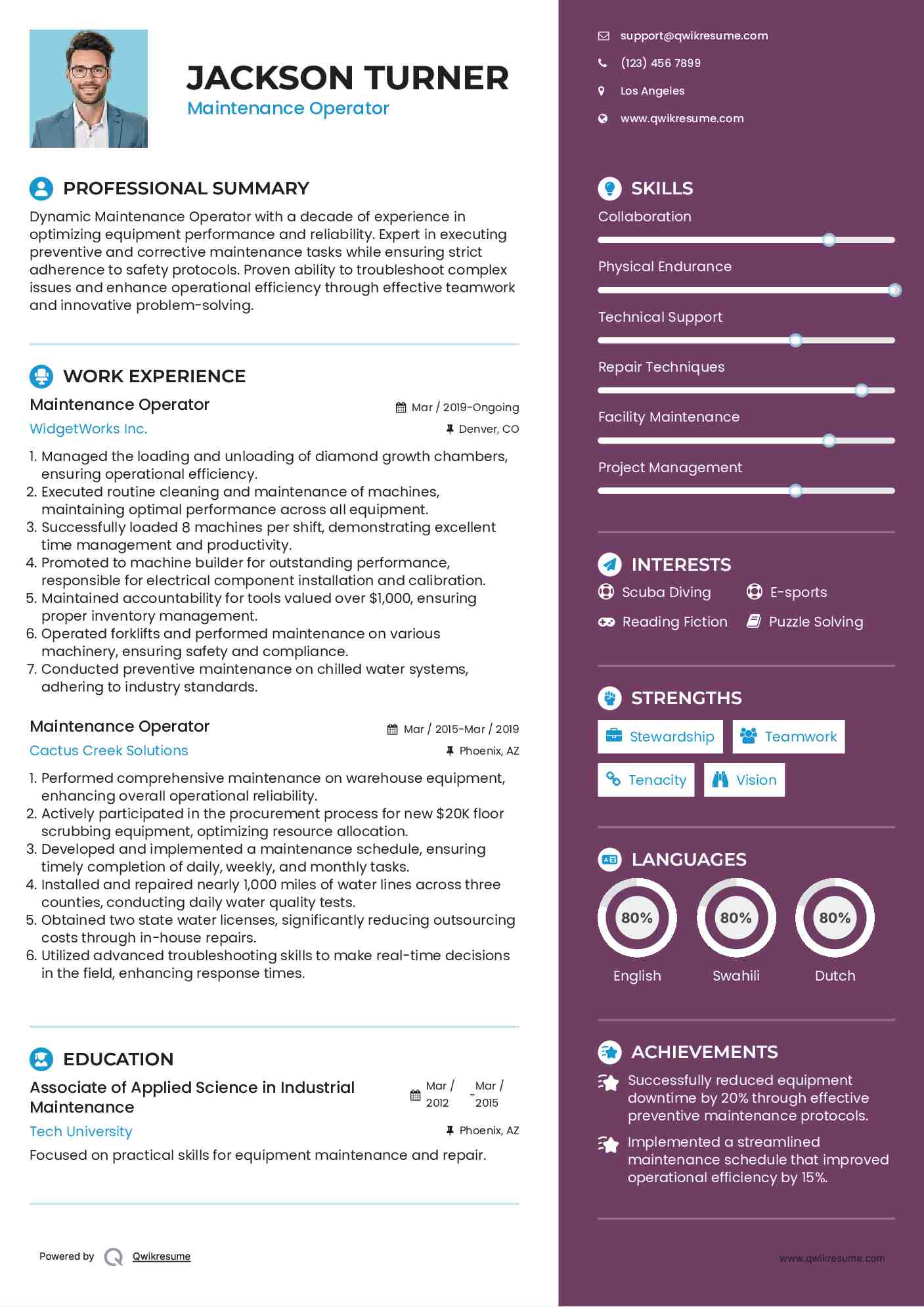 Maintenance Operator Resume Format