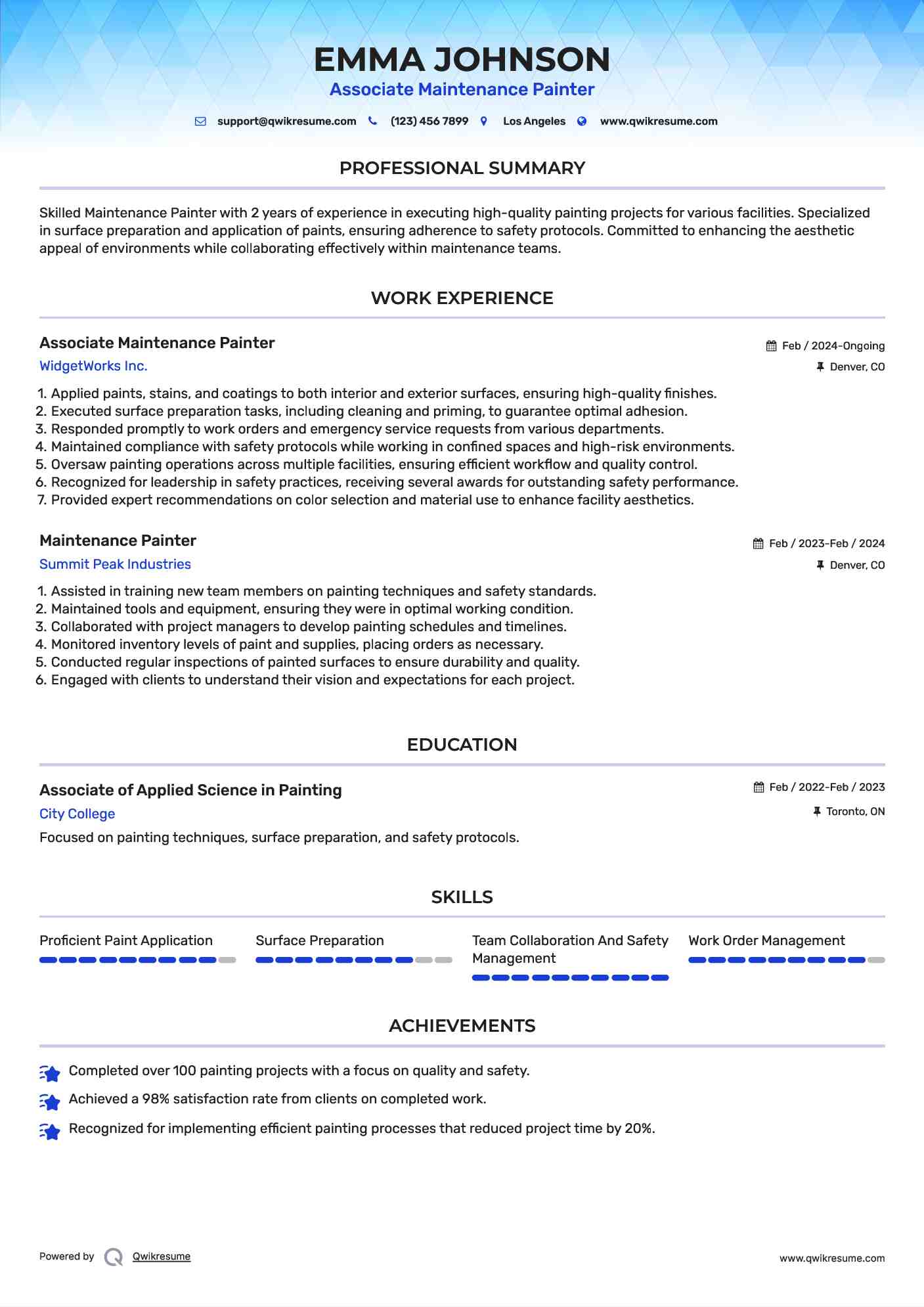 Associate Maintenance Painter Resume Sample