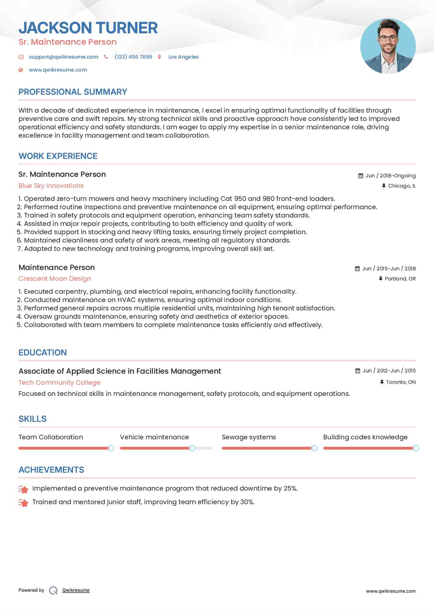 Sr. Maintenance Person Resume Model