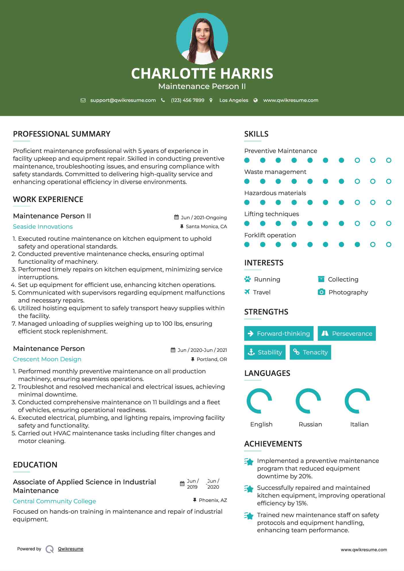 Maintenance Person II Resume Format