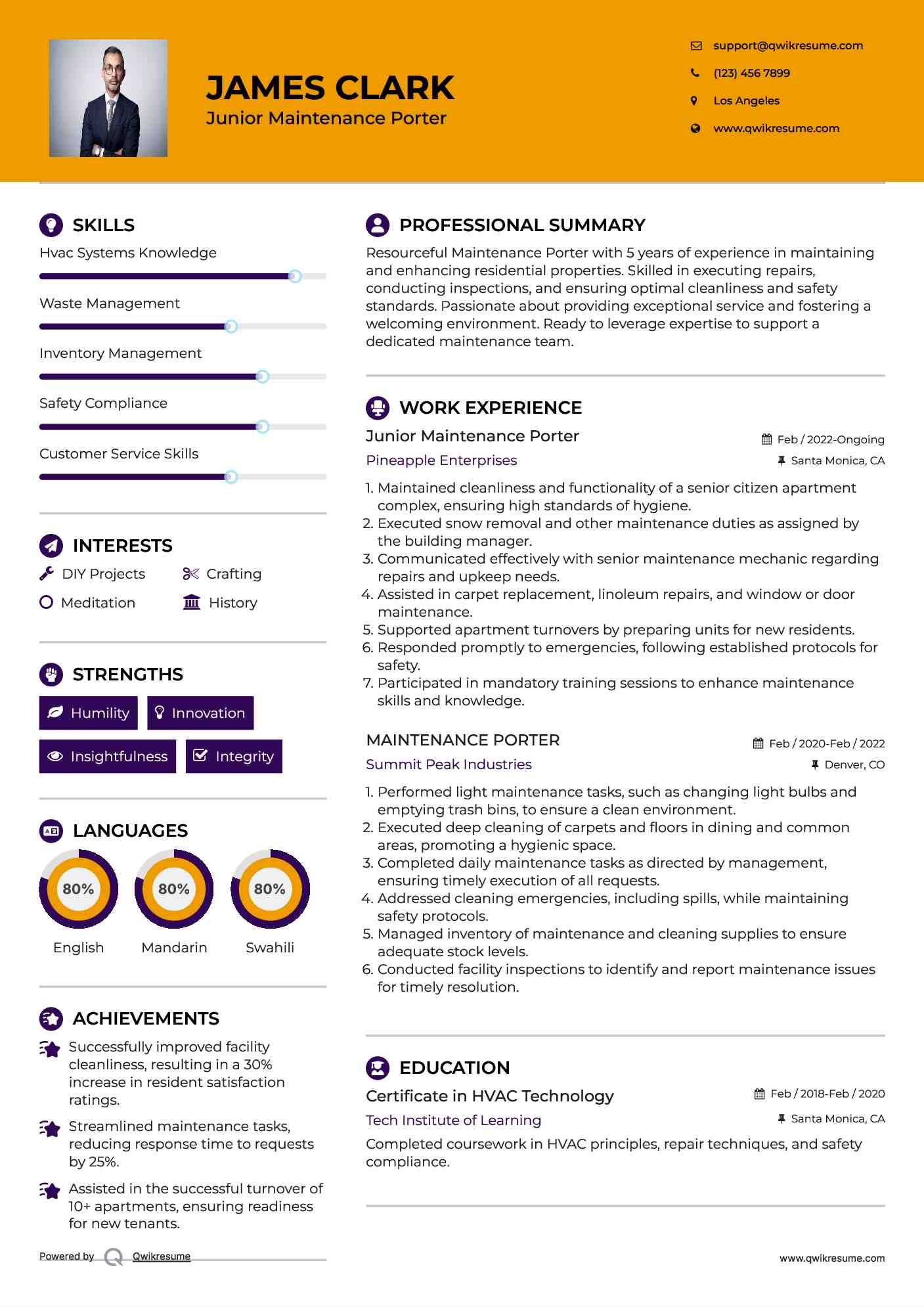 Junior Maintenance Porter  Resume Example