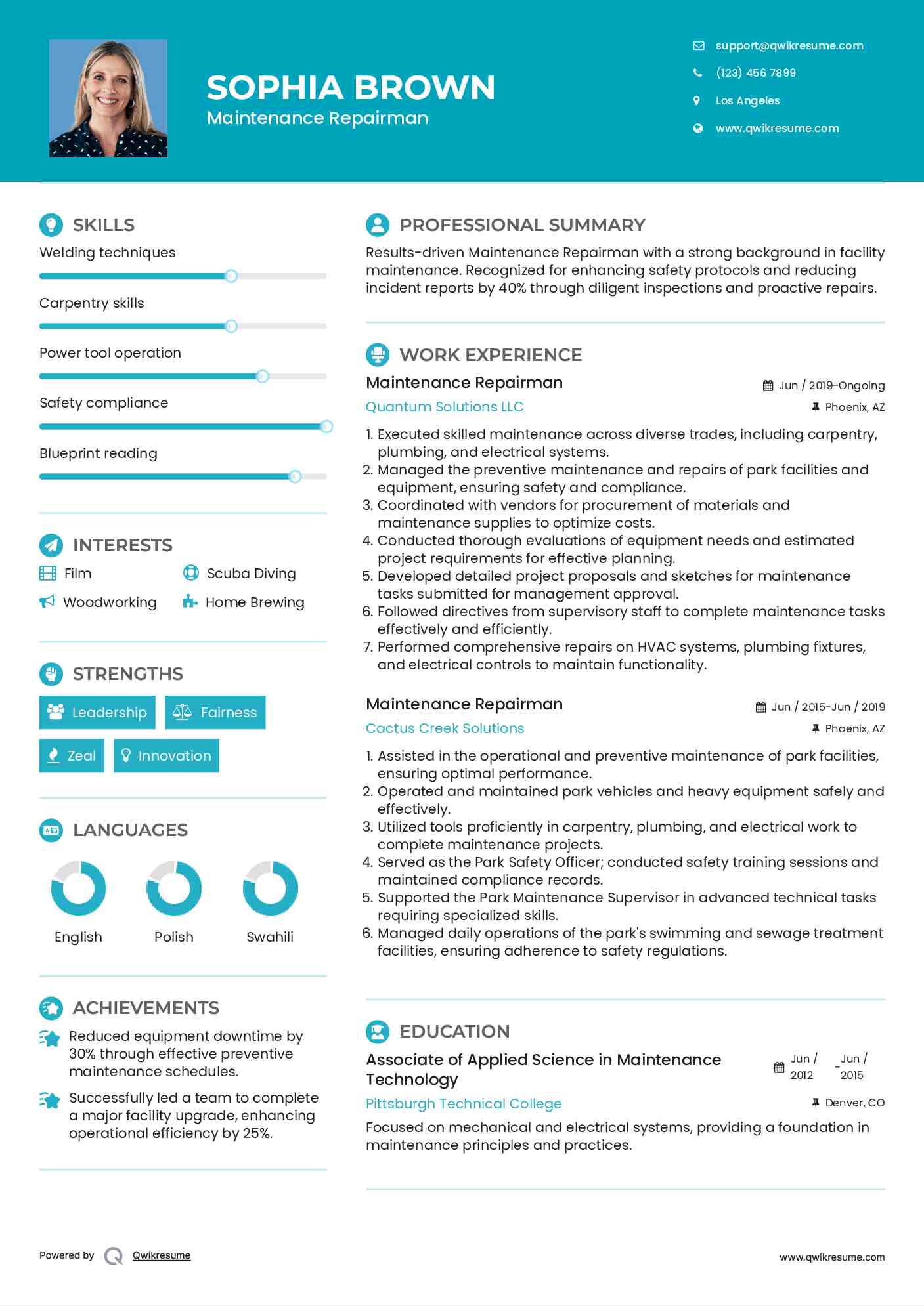 Maintenance Repairman Resume Sample