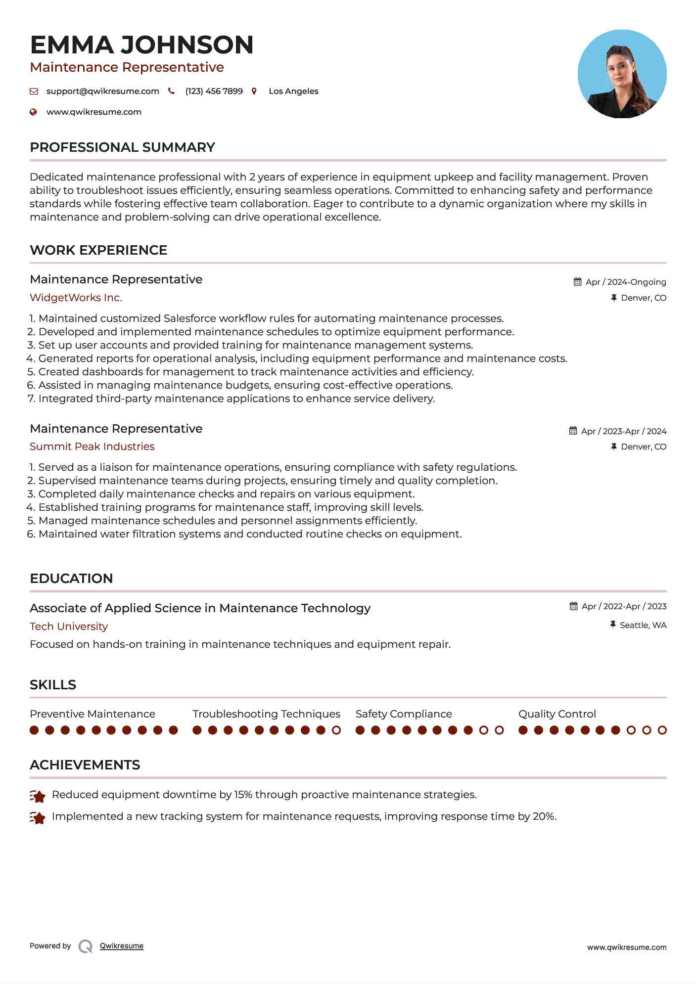 Maintenance Representative Resume Template