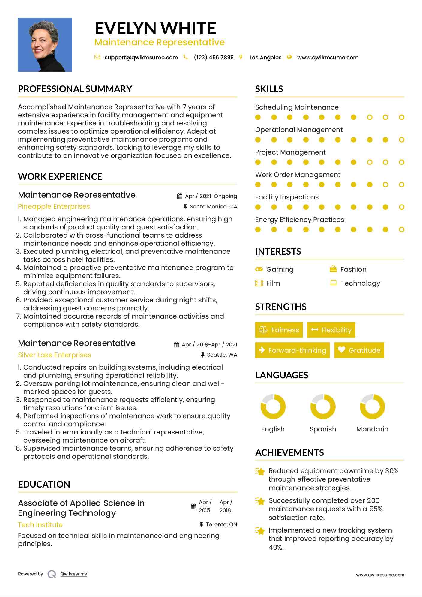 Maintenance Representative Resume Example