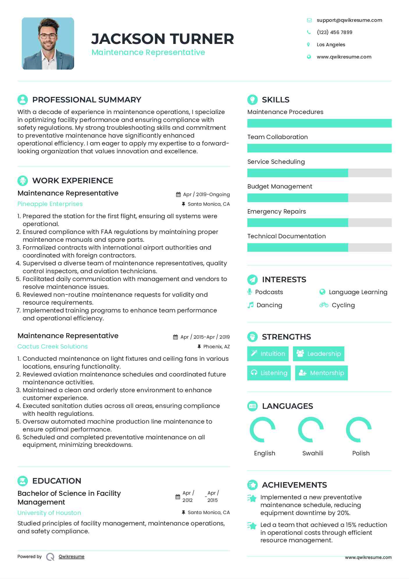 Maintenance Representative Resume Model