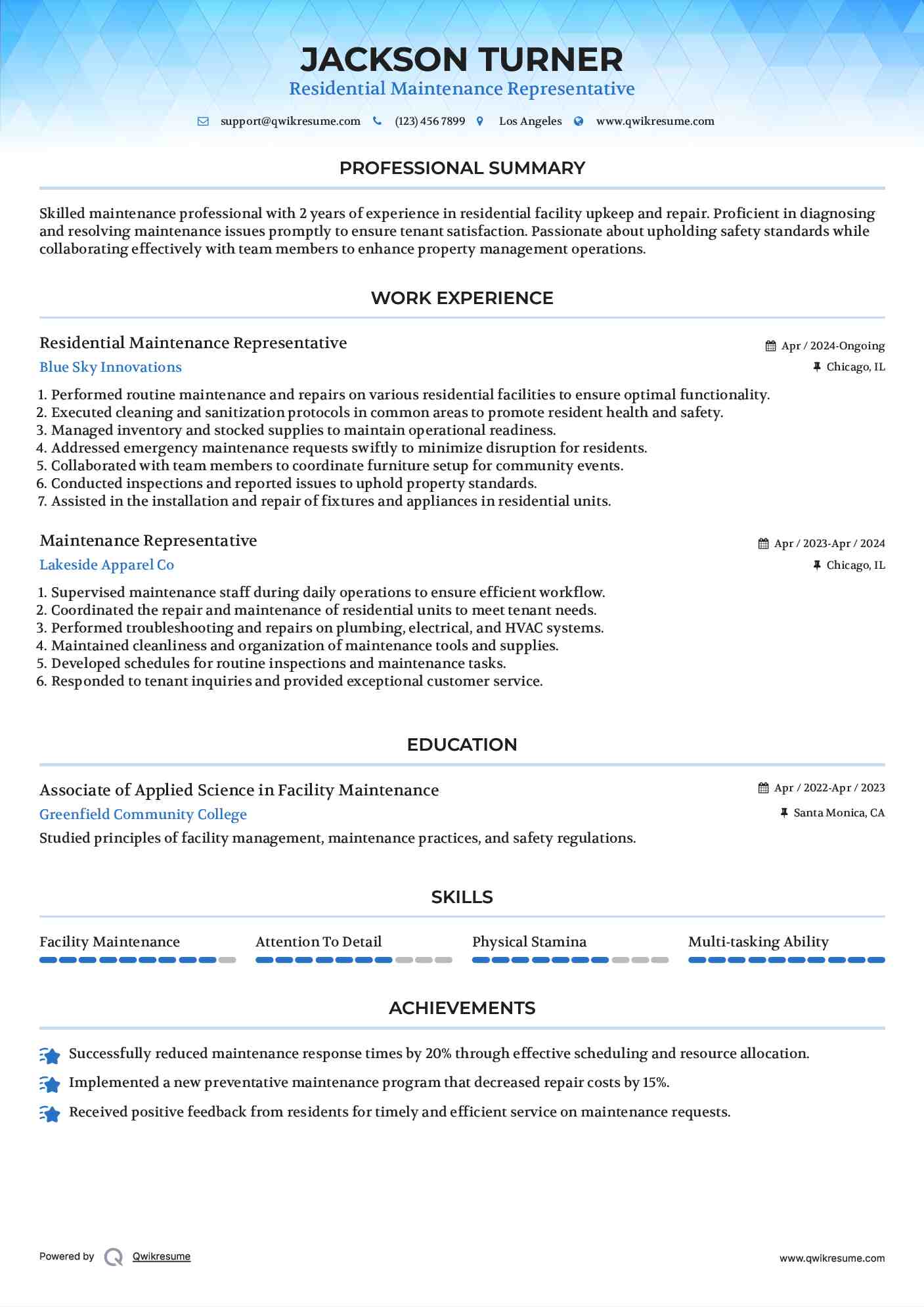 Residential Maintenance Representative Resume Example