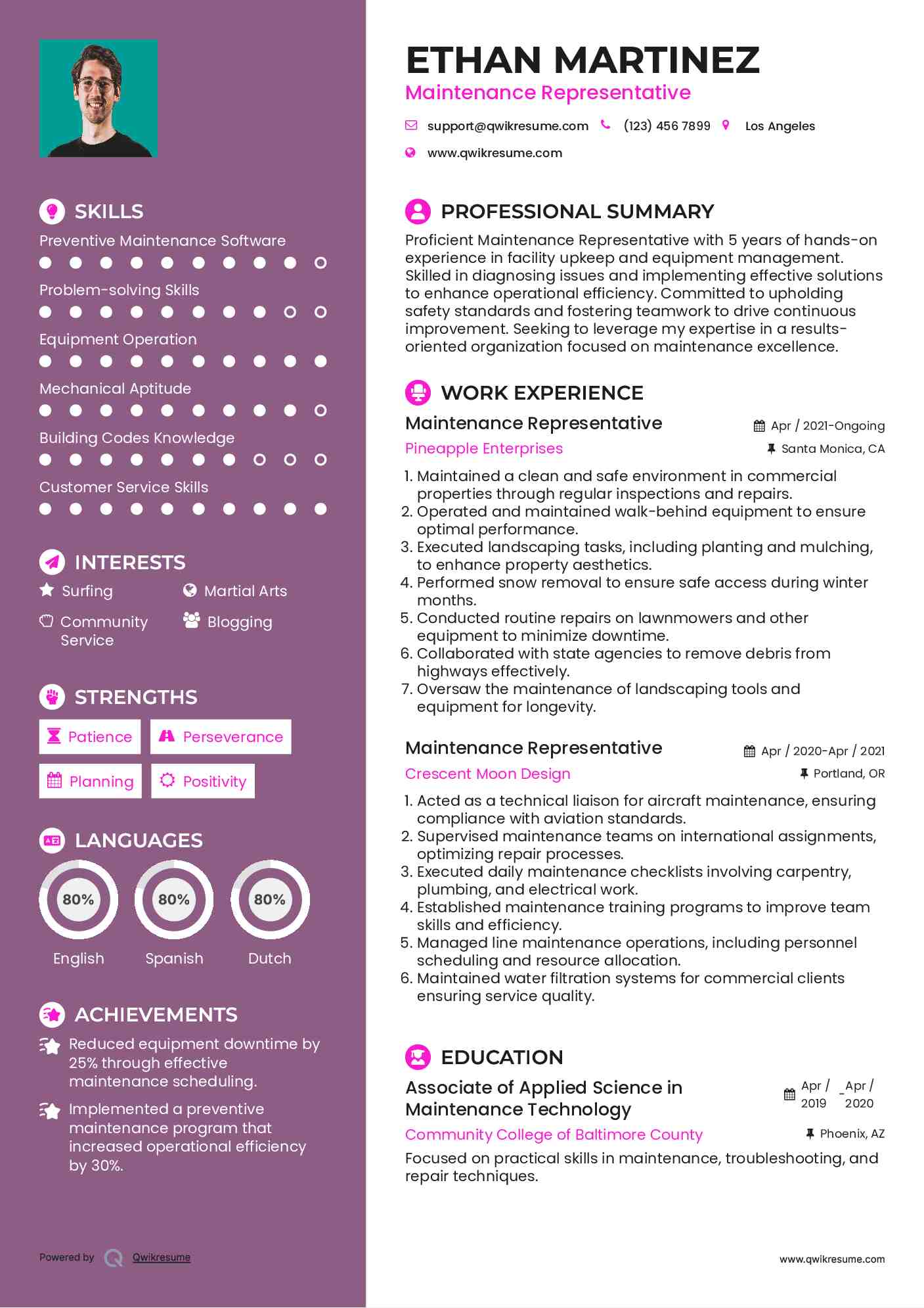 Maintenance Representative Resume Sample