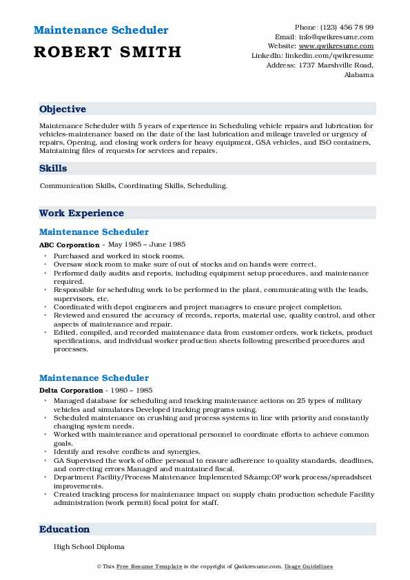 Maintenance scheduler resume samples qwikresume