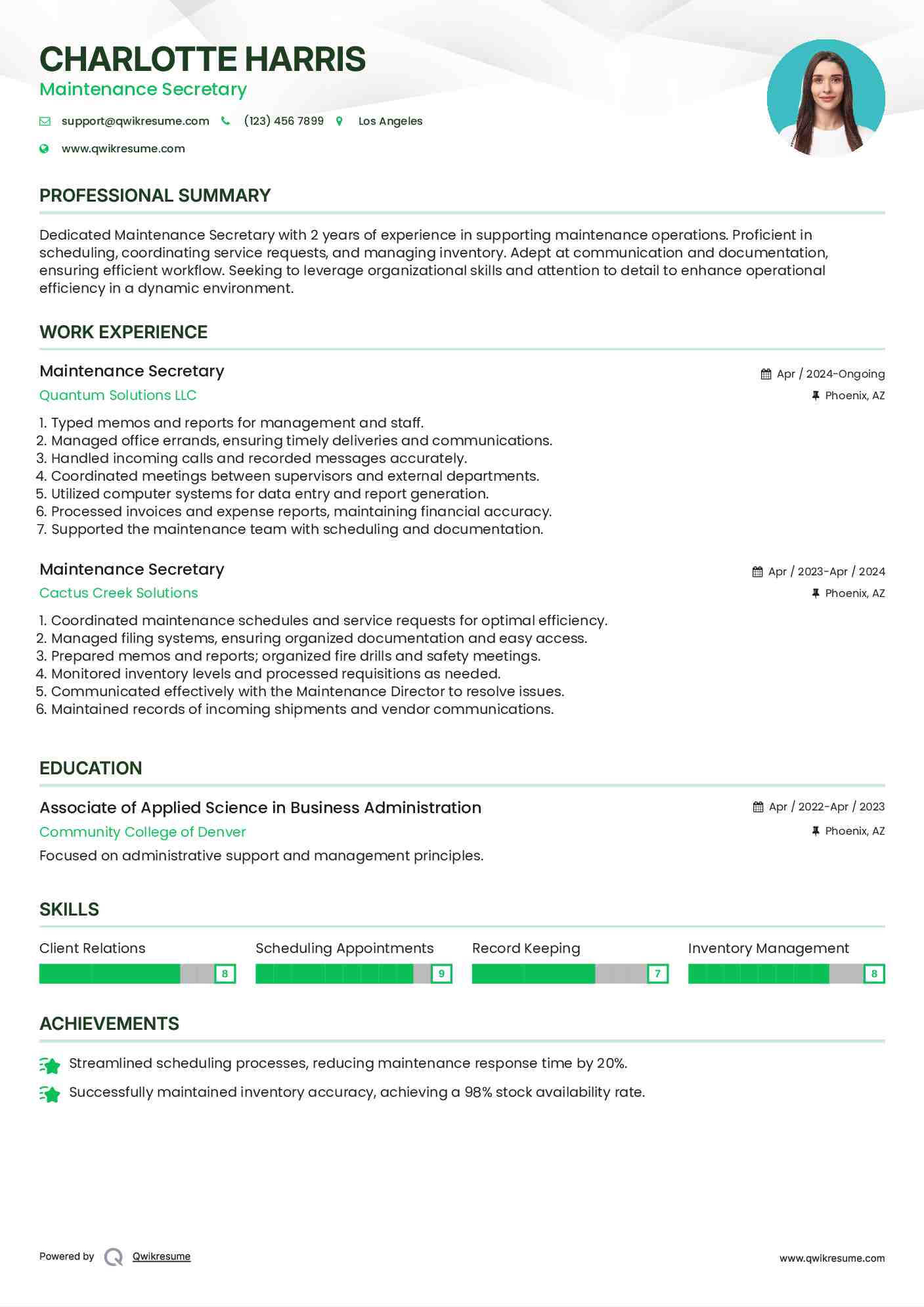 Maintenance Secretary Resume Model