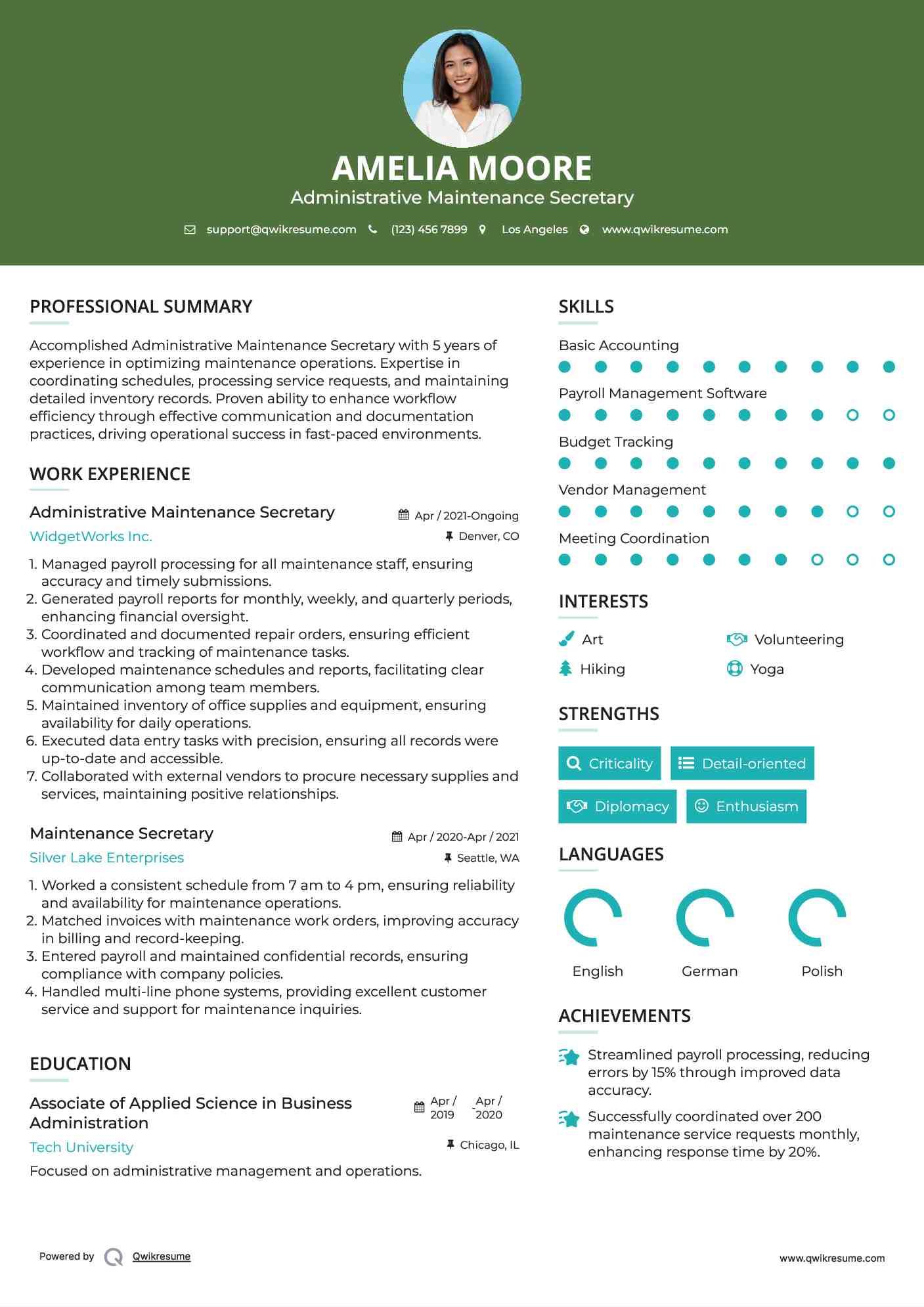 Administrative Maintenance Secretary Resume Template