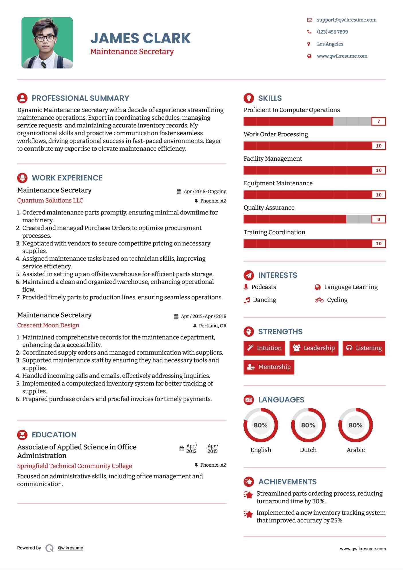 Maintenance Secretary Resume Example