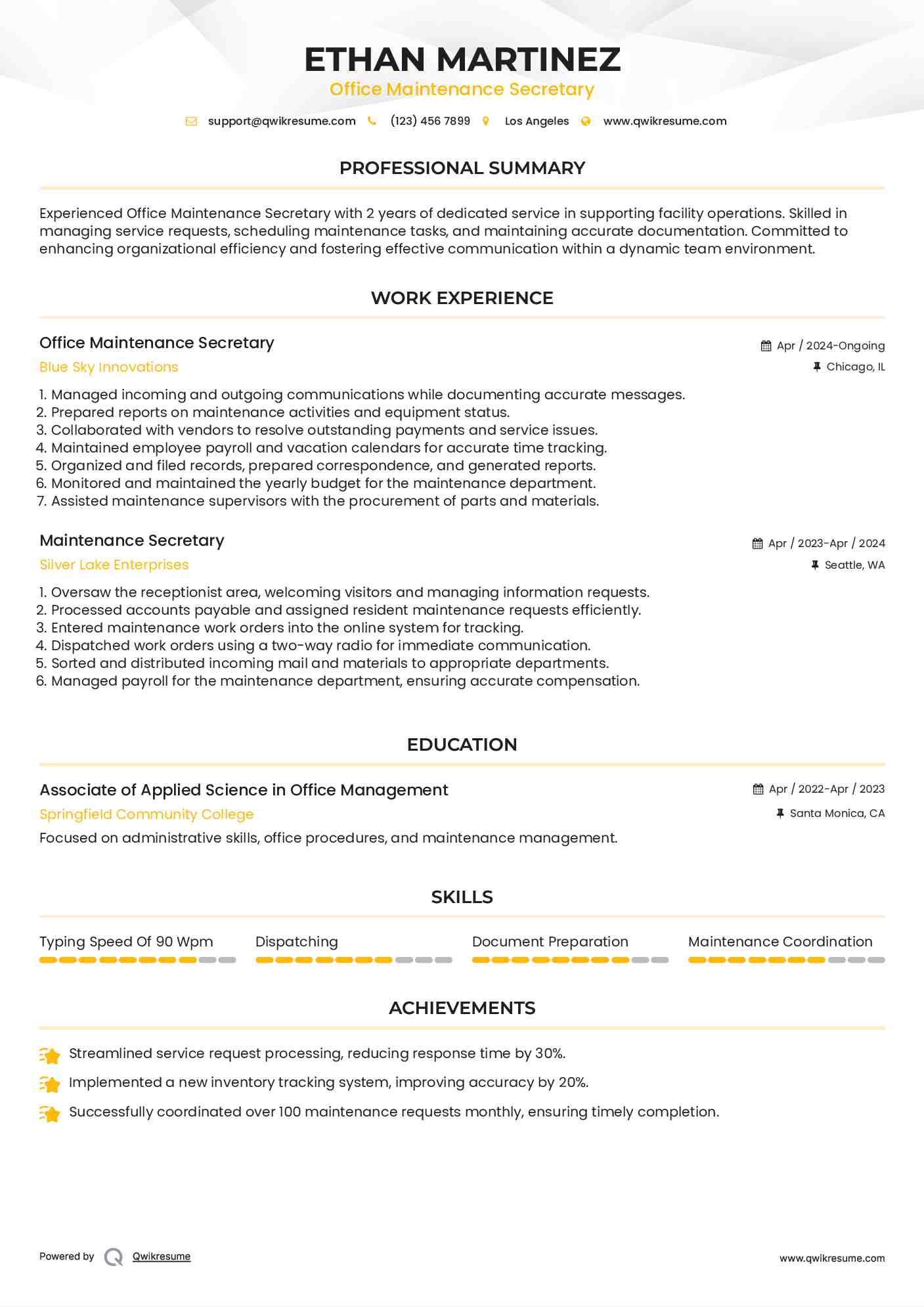 Office Maintenance Secretary Resume Example