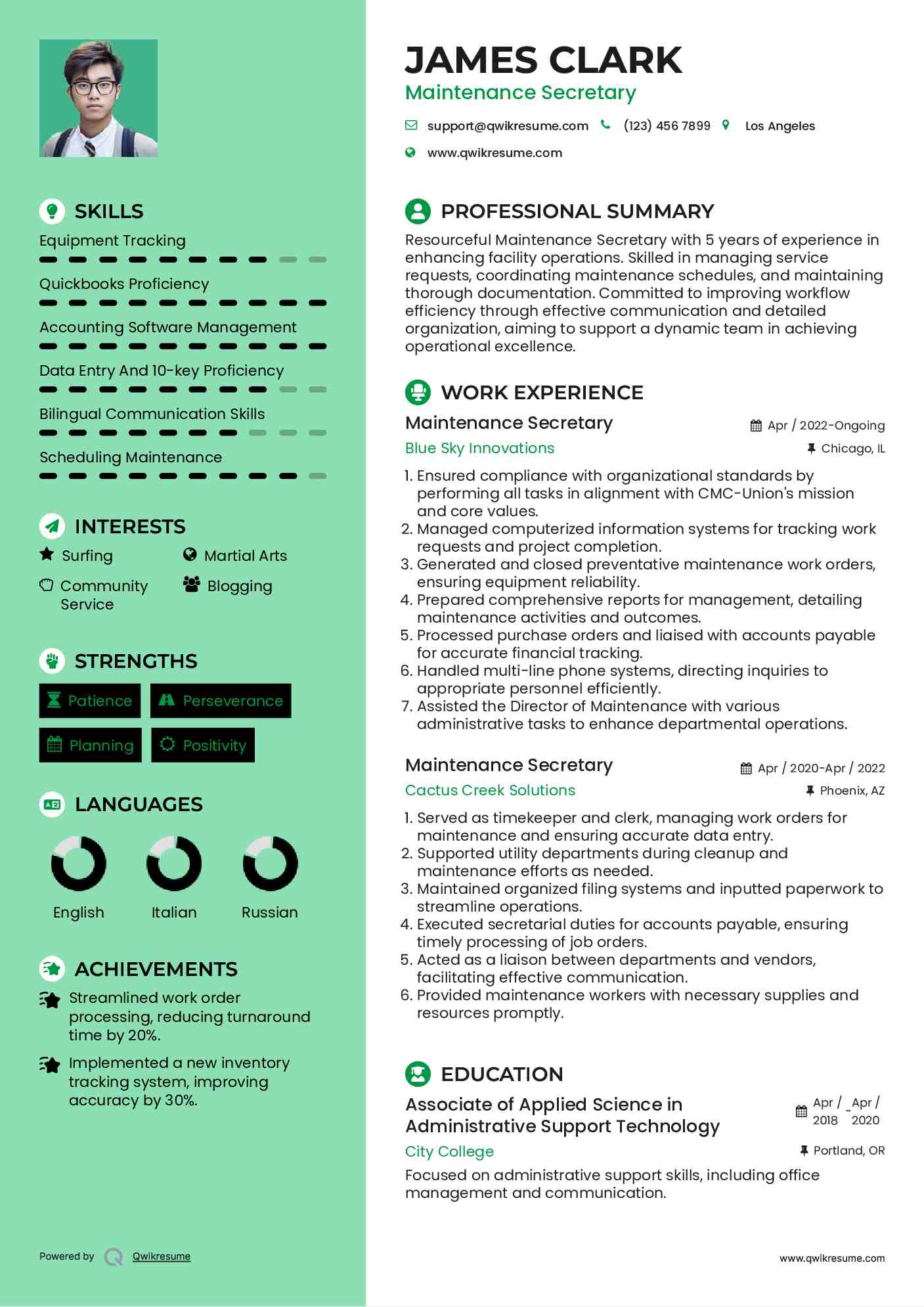 Maintenance Secretary Resume Model