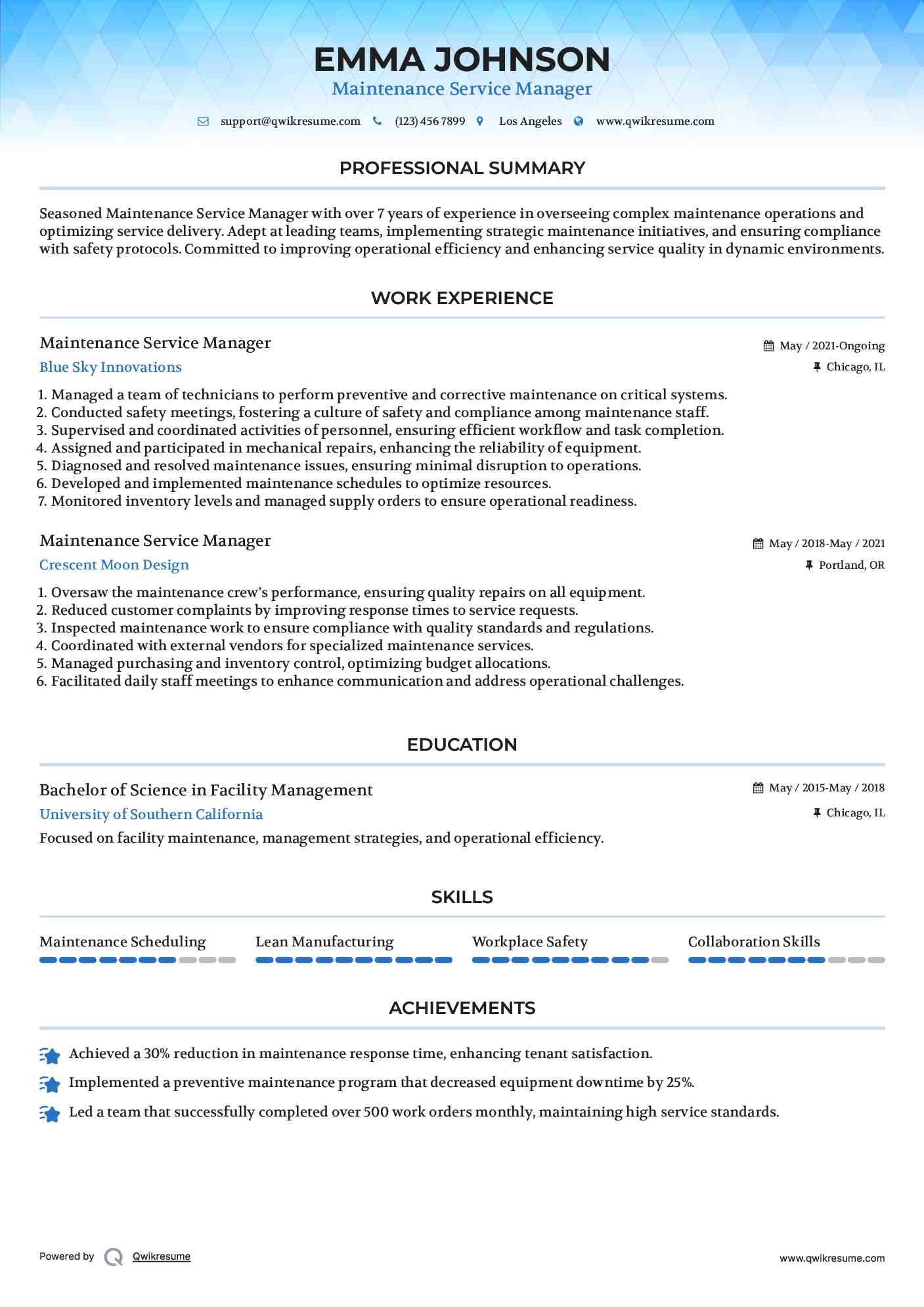 Maintenance Service Manager Resume Example