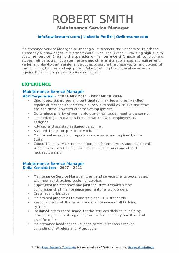 Maintenance Service Manager Resume Samples QwikResume
