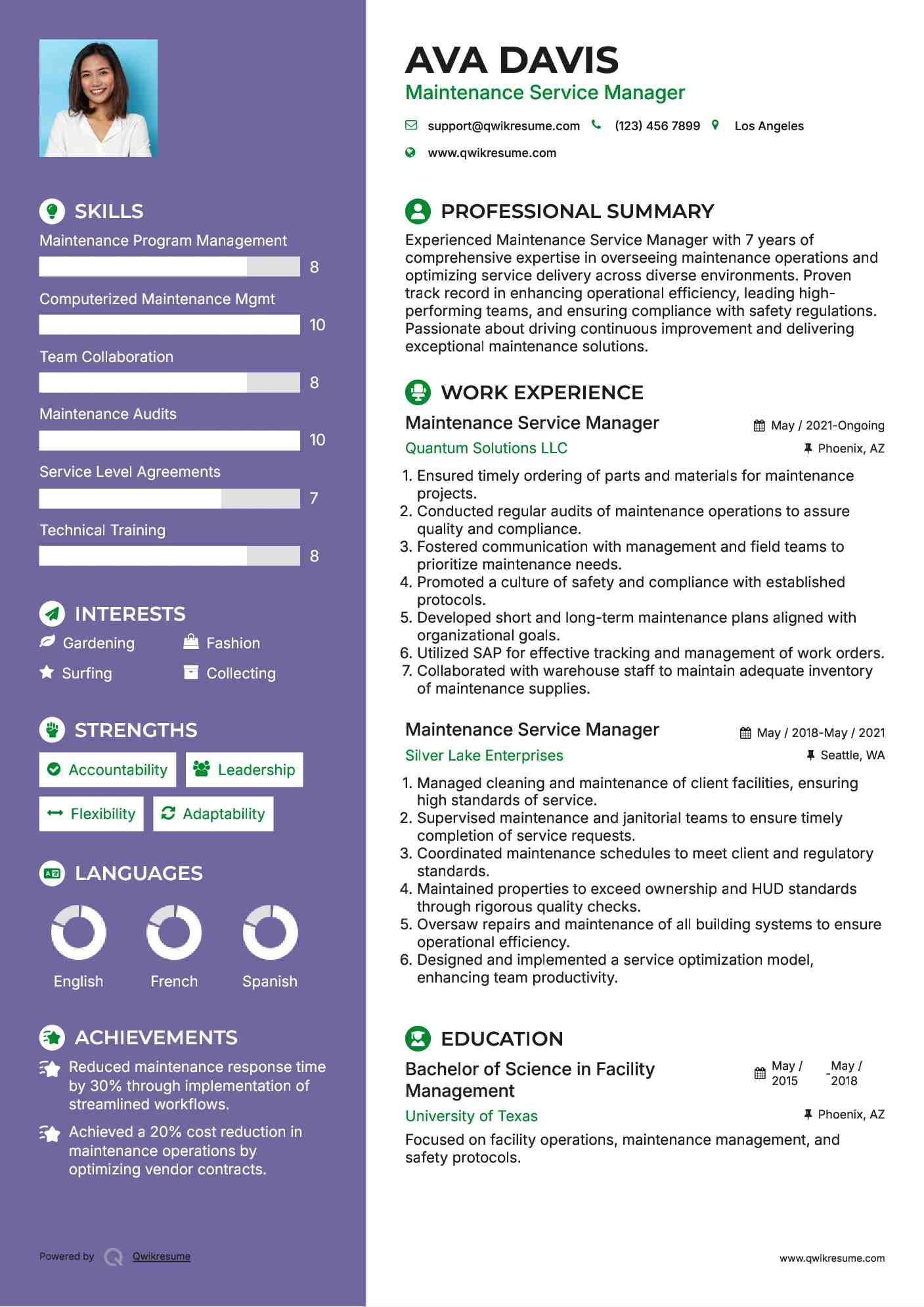 Maintenance Service Manager Resume Sample