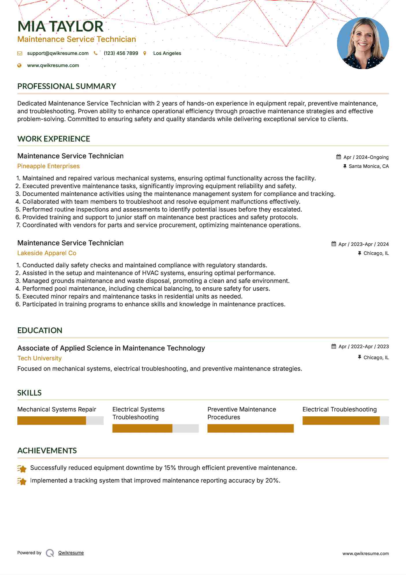 Maintenance Service Technician Resume Format