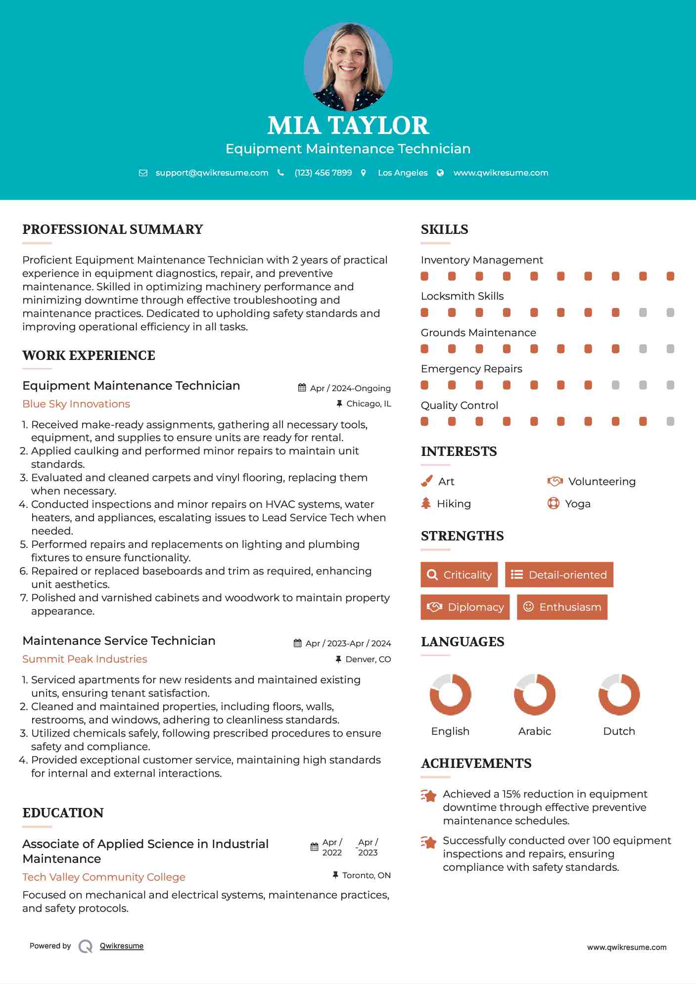 Equipment Maintenance Technician Resume Model