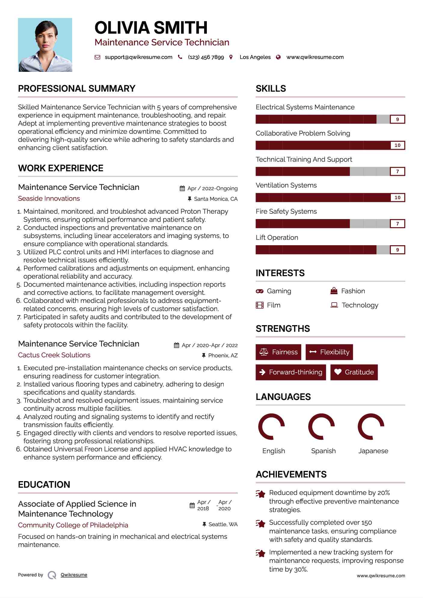 Maintenance Service Technician Resume Example