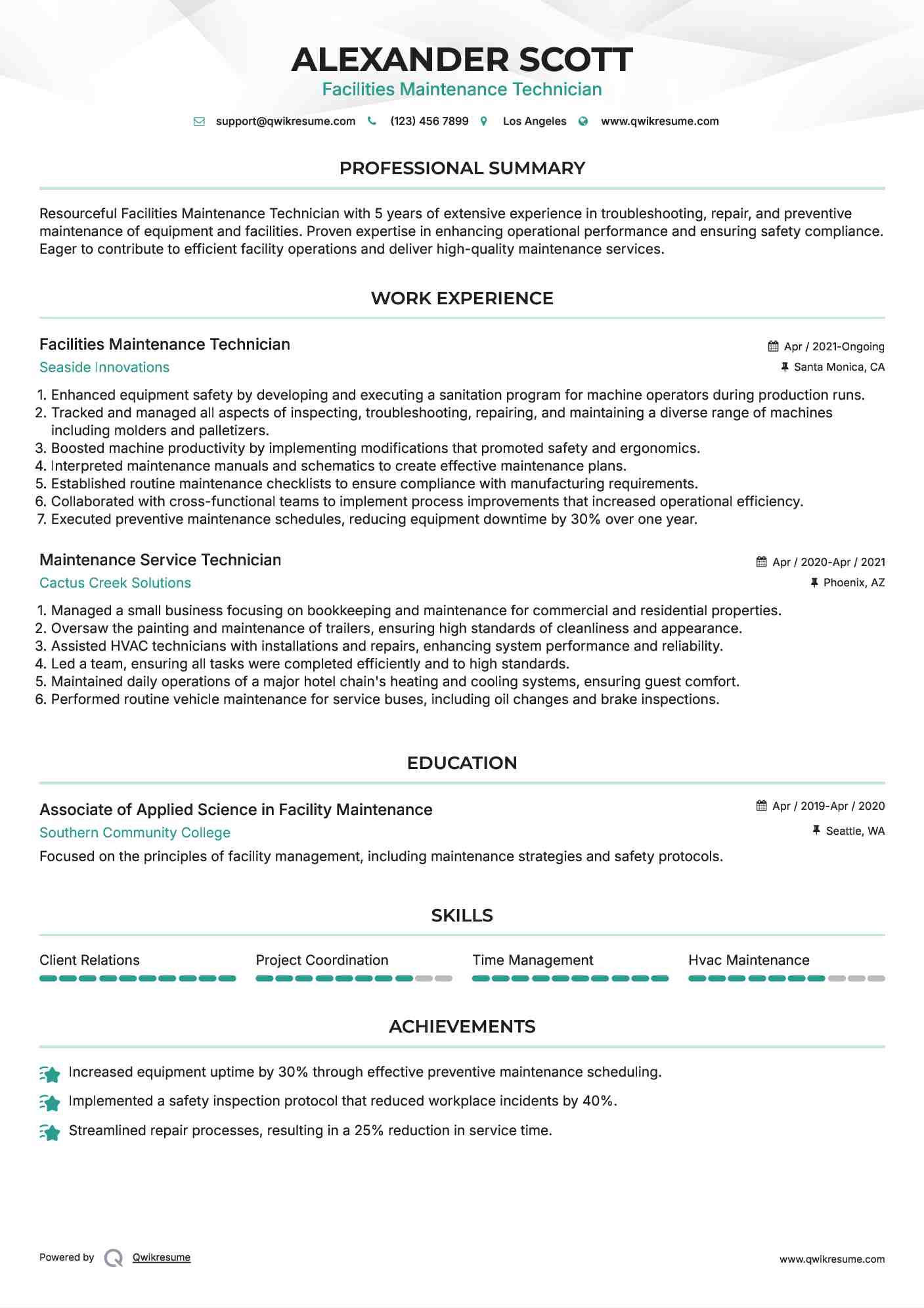 Facilities Maintenance Technician Resume Sample