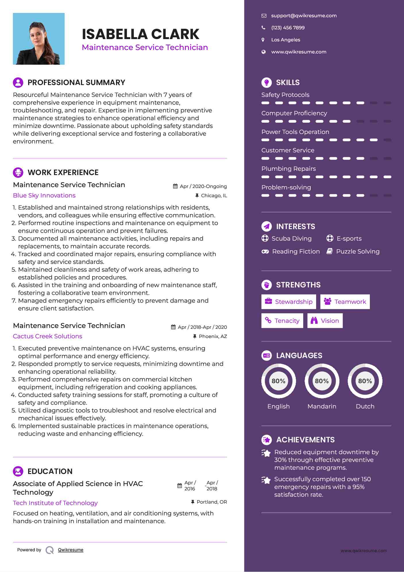 Maintenance Service Technician Resume Sample